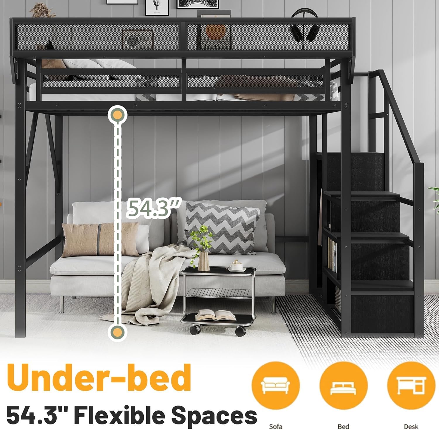 Mirightone Full Size Loft Bed with Stairs, Metal Loft Beds, High Loft Bed Frame with Storage Shelves, Lofted Full Bed with Wardrobe for Kids and Teens, No Box Spring Needed (Black)