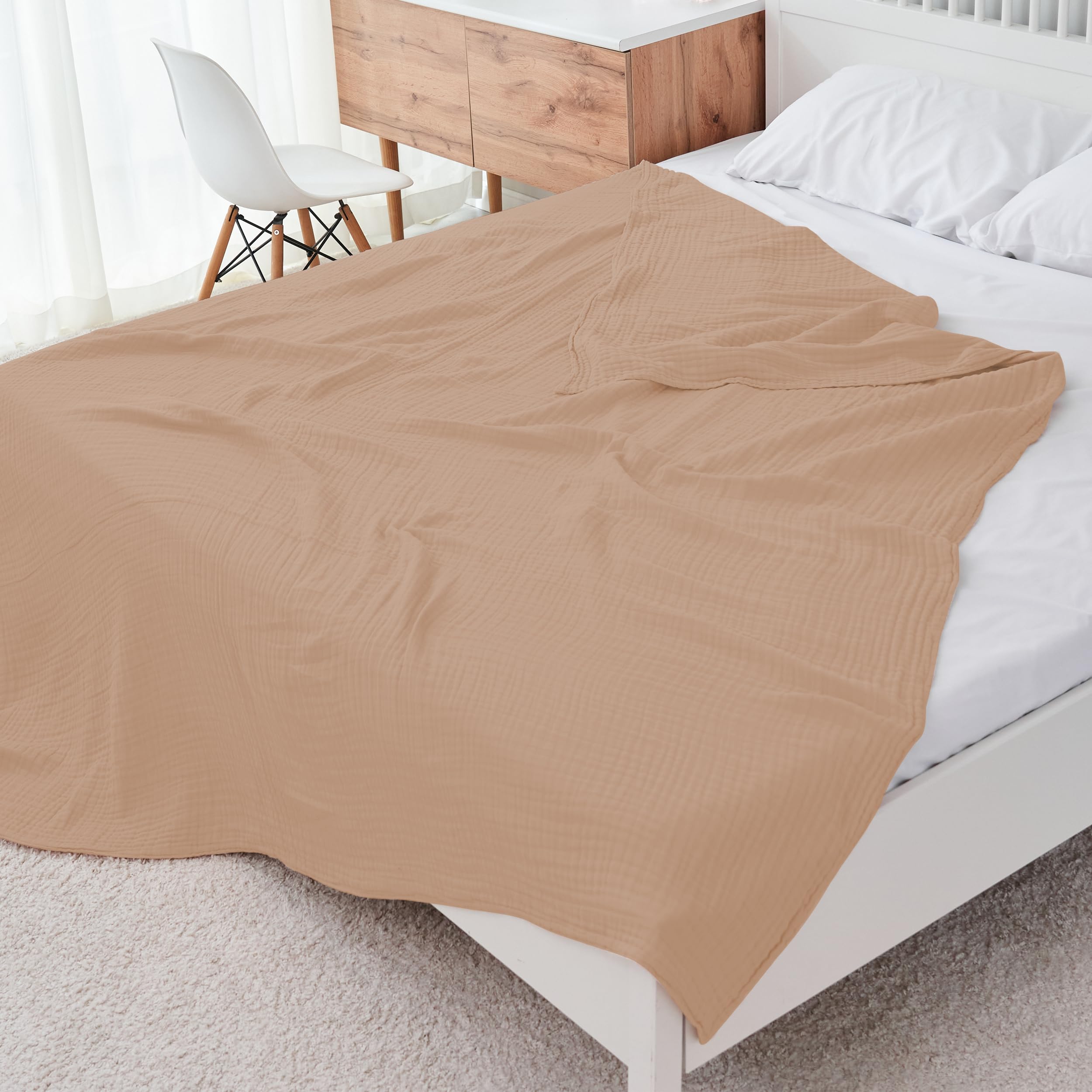 Cosy Family 4 Layer Muslin Bed Blanket - Breathable and Lightweight Gauze Boho Blanket for Spring, Soft 100% Cotton Muslin Blanket, Brown, 55x80 Inches