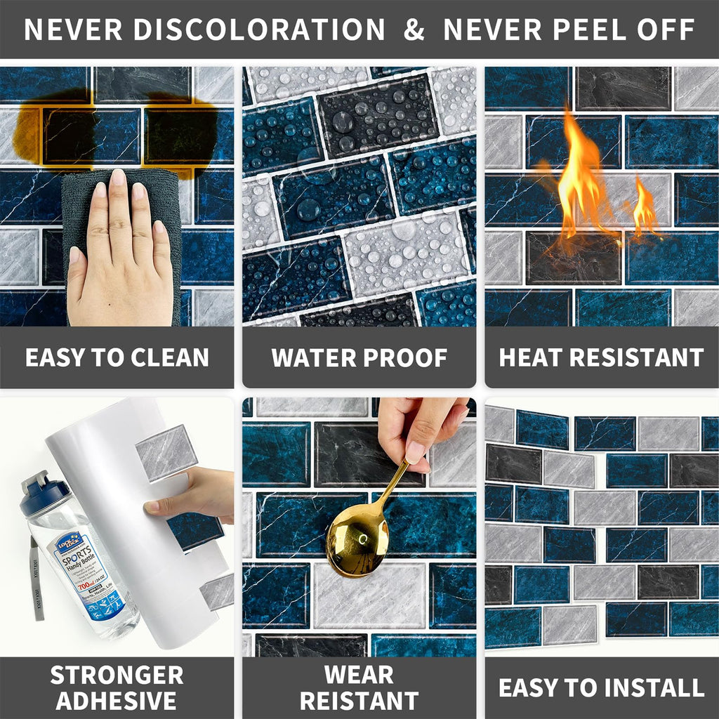 URCOLOR 10-Sheet Back Splashes for Kitchens Peel and Stick,12"x12" Self Adhesive Subway Wall Tiles Stick on backsplash Tiles for Bathroom Black Marble