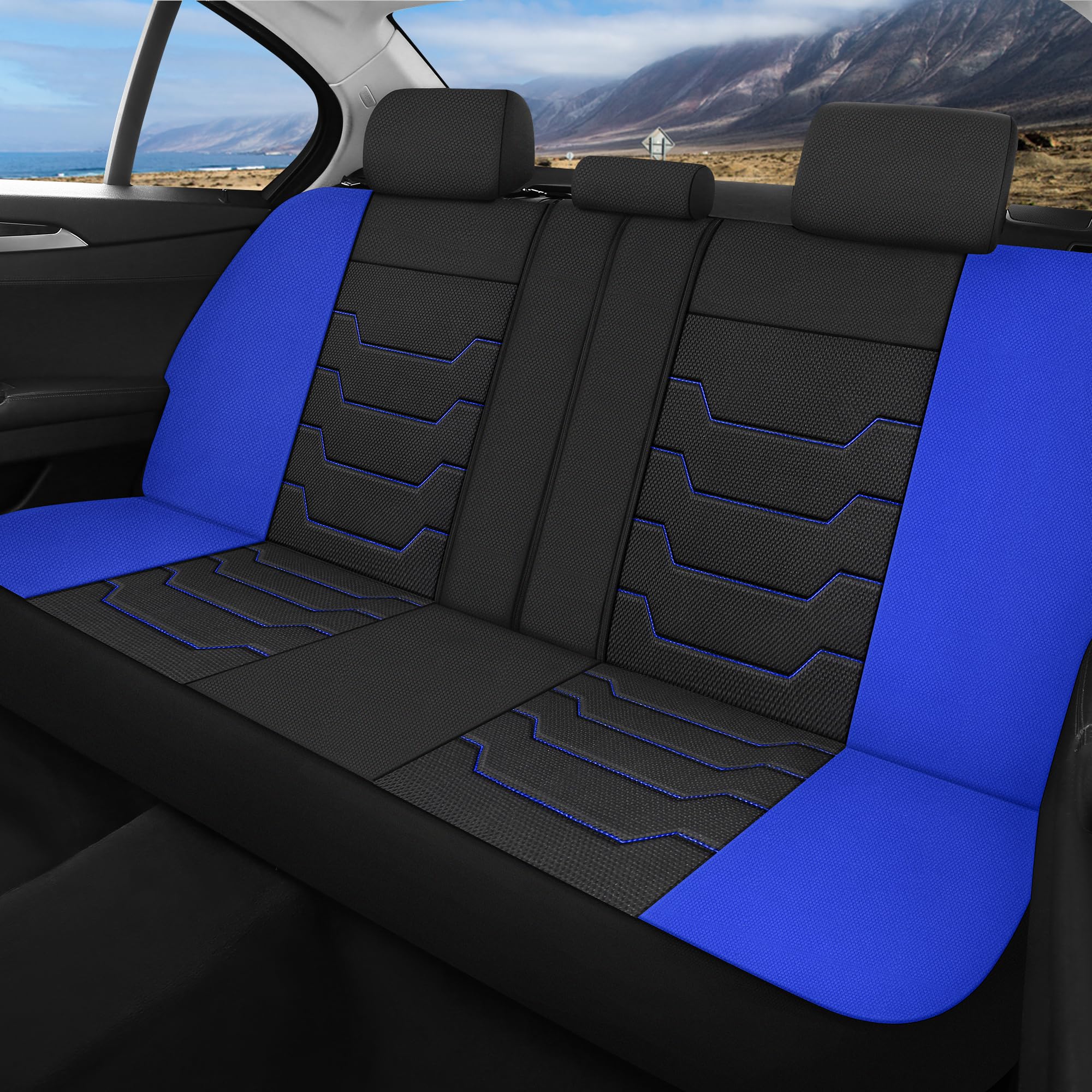 AOKAOK 3D Air-Mesh Car Seat Covers Full Set, Breathable and Split Bench Compatible Seat Covers for Cars, Universal Car Interior Covers for Most Cars Sedan Truck SUV(Black/Blue)