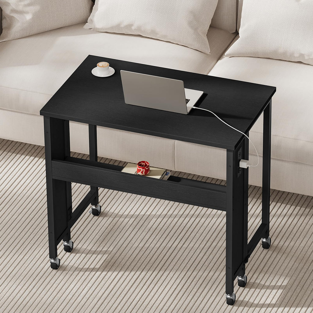 CHOEZON Folding Desk with Power Outlets, 31.5" Rolling Computer Table with Wheels, Portable Office Desk with Storage Shelf for Small Spaces Black TDN01UBB