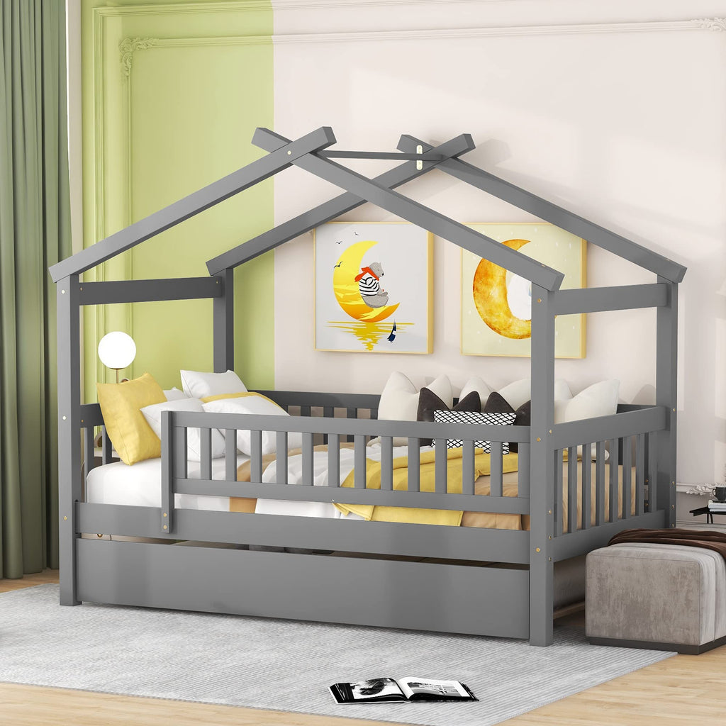 Merax Twin Size Wooden House Bed with Two Drawers, Wood Bed Frame with Roof for Kids, Teens, Boys or Girls, Grey