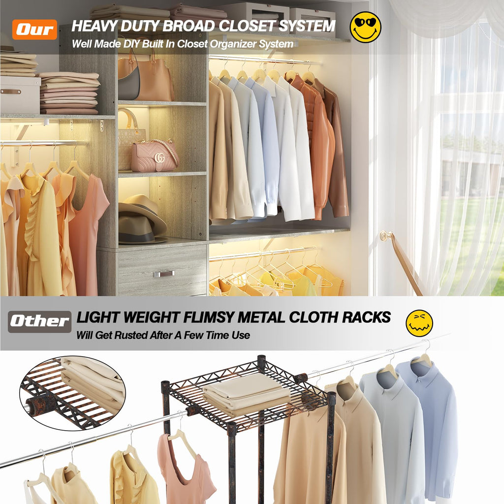 iSunirm 8FT Closet System, 96'' Closet Organizer System with 3 Hanging Rods, Wall Mount Bedroom Wardrobe with 3 Drawers Walk-in Closet, Adjustable Cloth Garment Rack from 5 to 8FT (Cut to Fit), Black