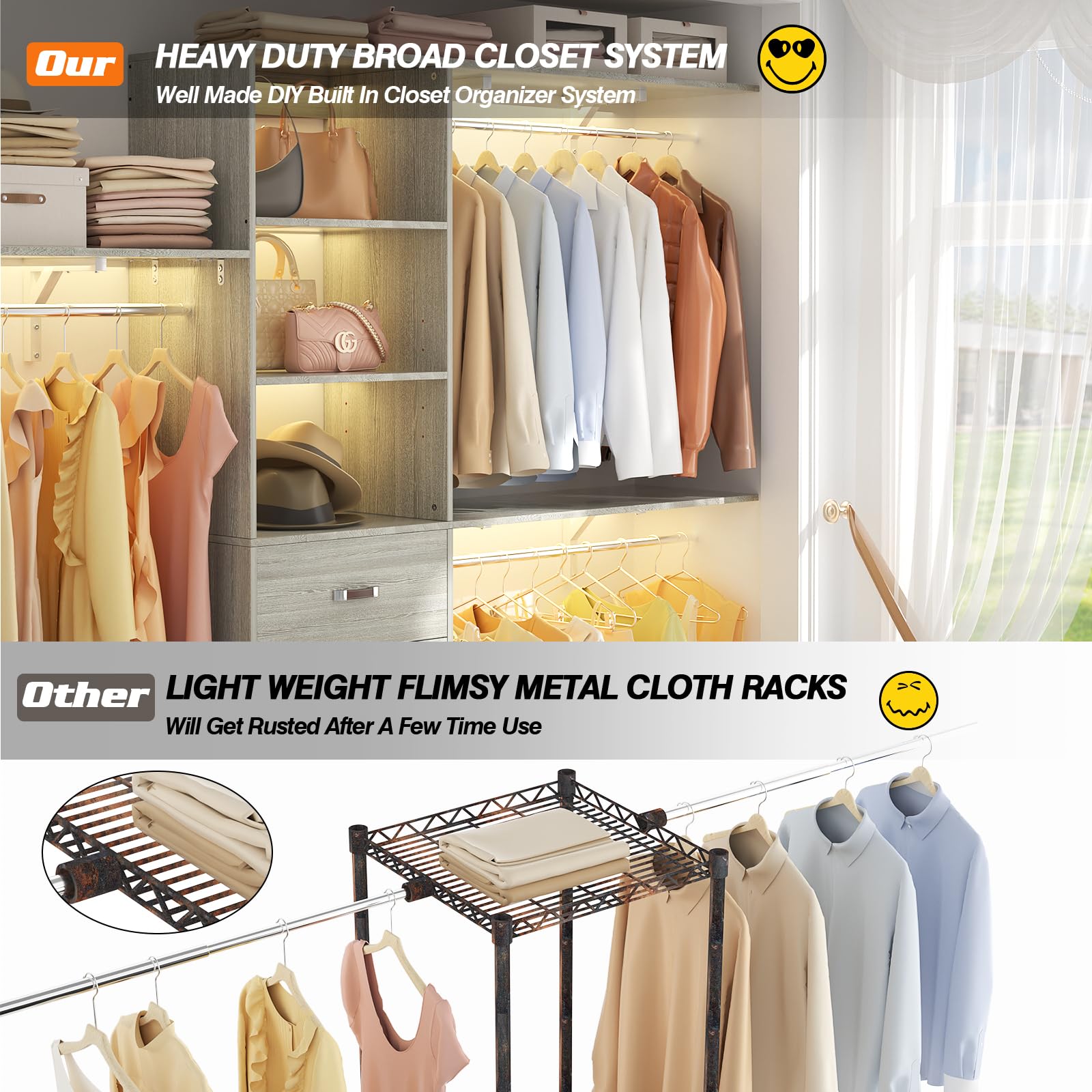 iSunirm 8FT Closet System, 96'' Closet Organizer System with 3 Hanging Rods, Wall Mount Bedroom Wardrobe with 3 Drawers Walk-in Closet, Adjustable Cloth Garment Rack from 5 to 8FT (Cut to Fit), Black