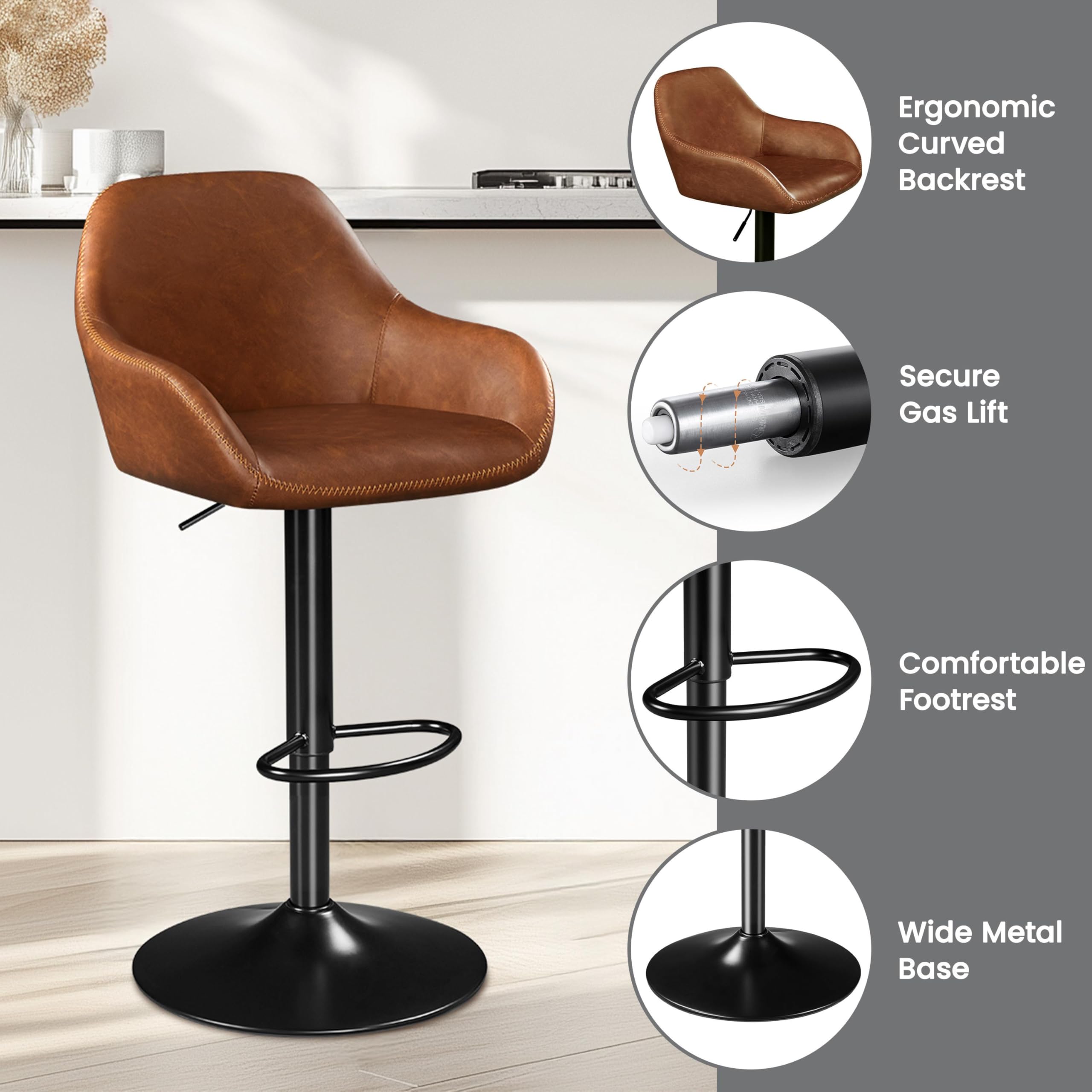 Yaheetech Bar Stools Set of 2, PU Leather Swivel Counter Height Barstools, Adjustable Bar Chairs with Backrest and Footrest, Kitchen Island Stool for Home Kitchen, Black
