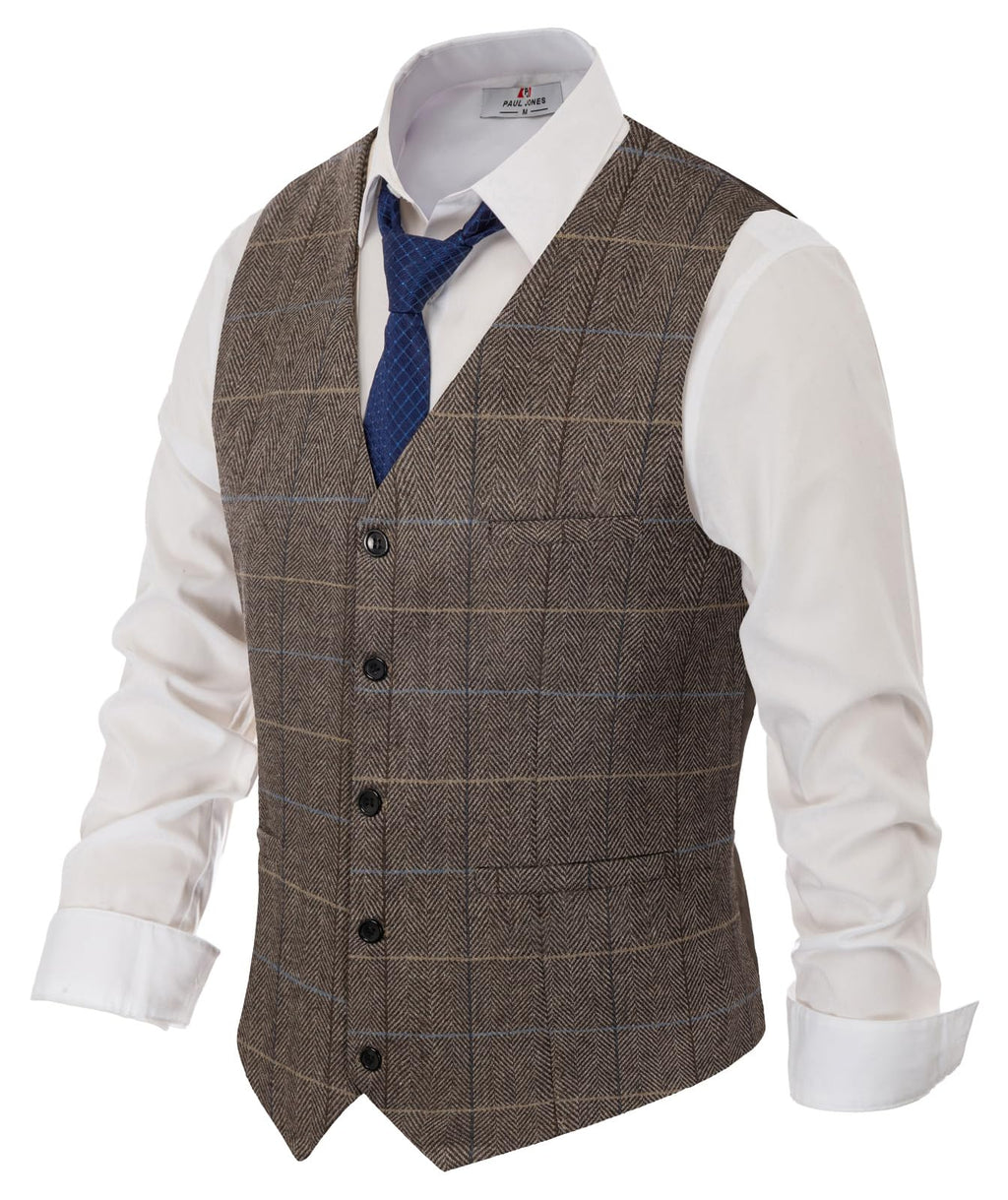 PJ PAUL JONES Men's Herringbone Tweed Suit Vest Casual Wool Blend Waistcoat