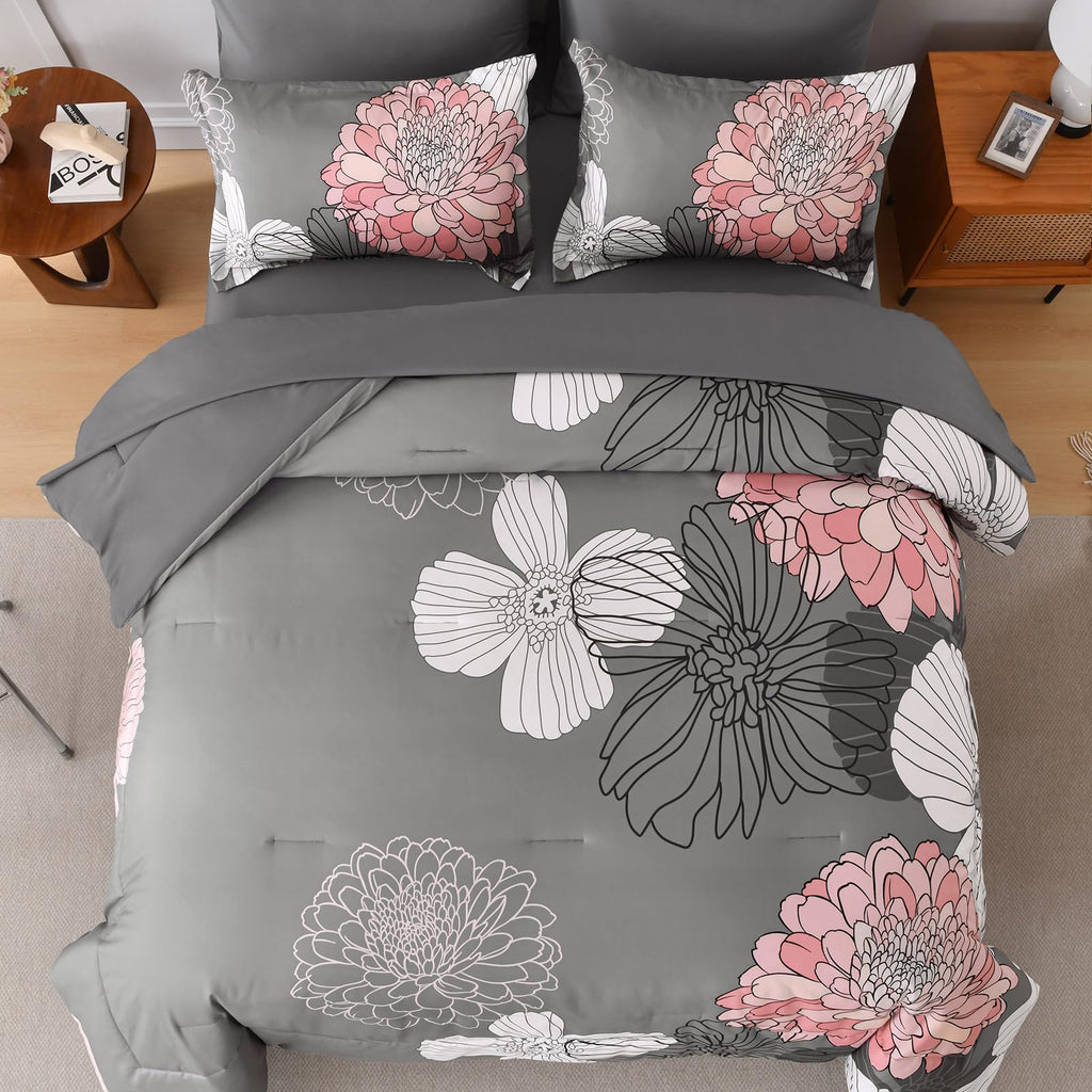 Yiran 7 Pieces Bed in a Bag Blue Floral Comforter Set Queen Size Flowers Comforter Set Soft Microfiber Bedding Set (1 Comforter 1 Flat Sheet 1 Fitted Sheet 2 Pillowshams 2 Pillowcases)