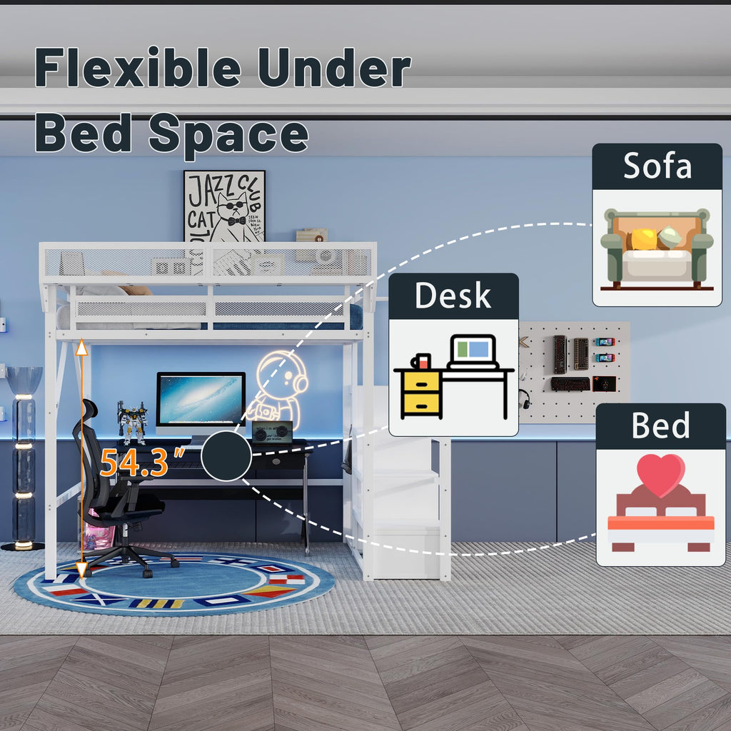 Mirightone Full Size Loft Bed with Stairs, Metal Loft Beds, High Loft Bed Frame with Storage Shelves, Lofted Full Bed with Wardrobe for Kids and Teens, No Box Spring Needed (Black)