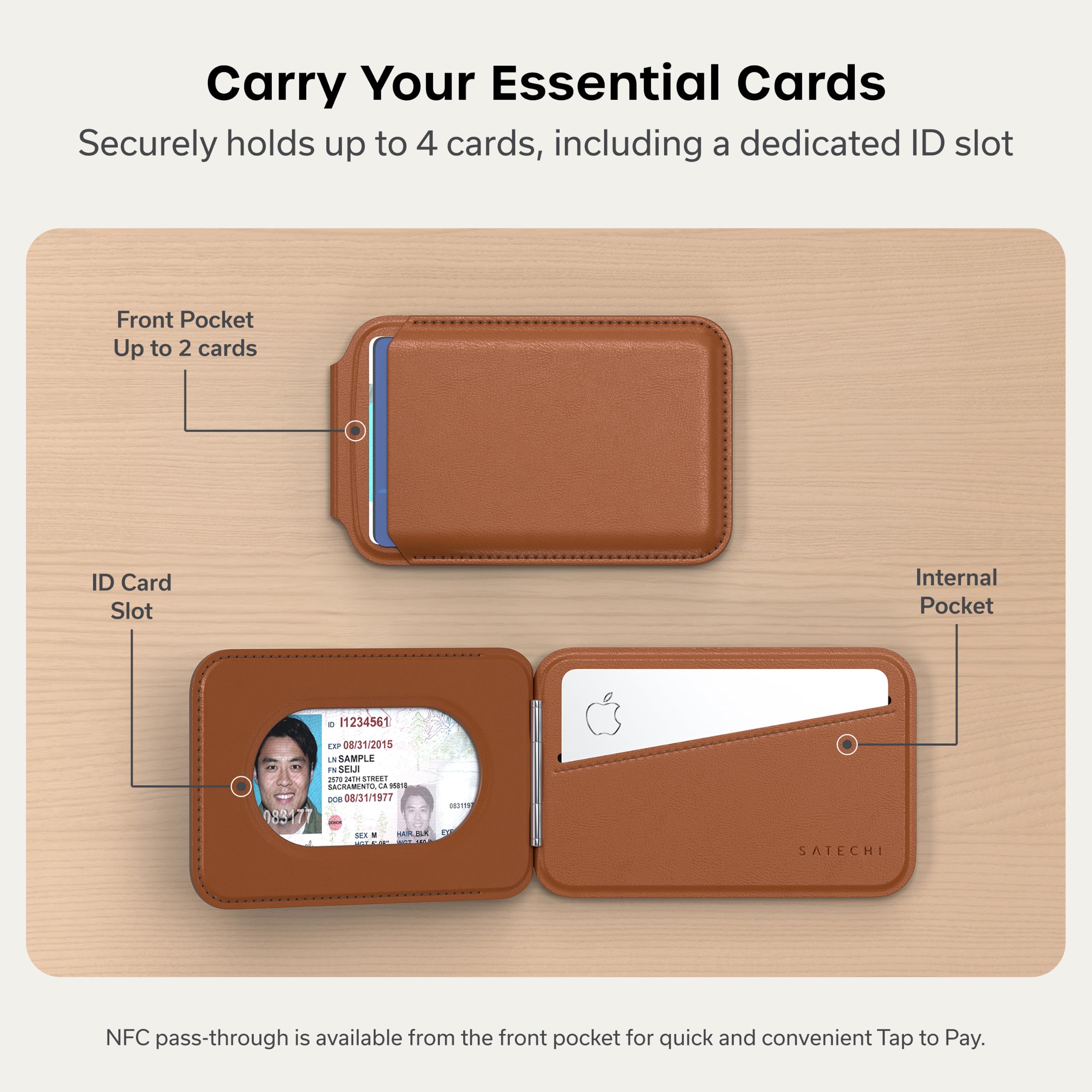 Satechi Magnetic Magsafe Wallet, Double Flap Stand Card Holder, 4 Slots with Front NFC Pass-Through, Adjustable Phone Attachment for iPhone 17/16/15/14/13/12, Travel Accessory