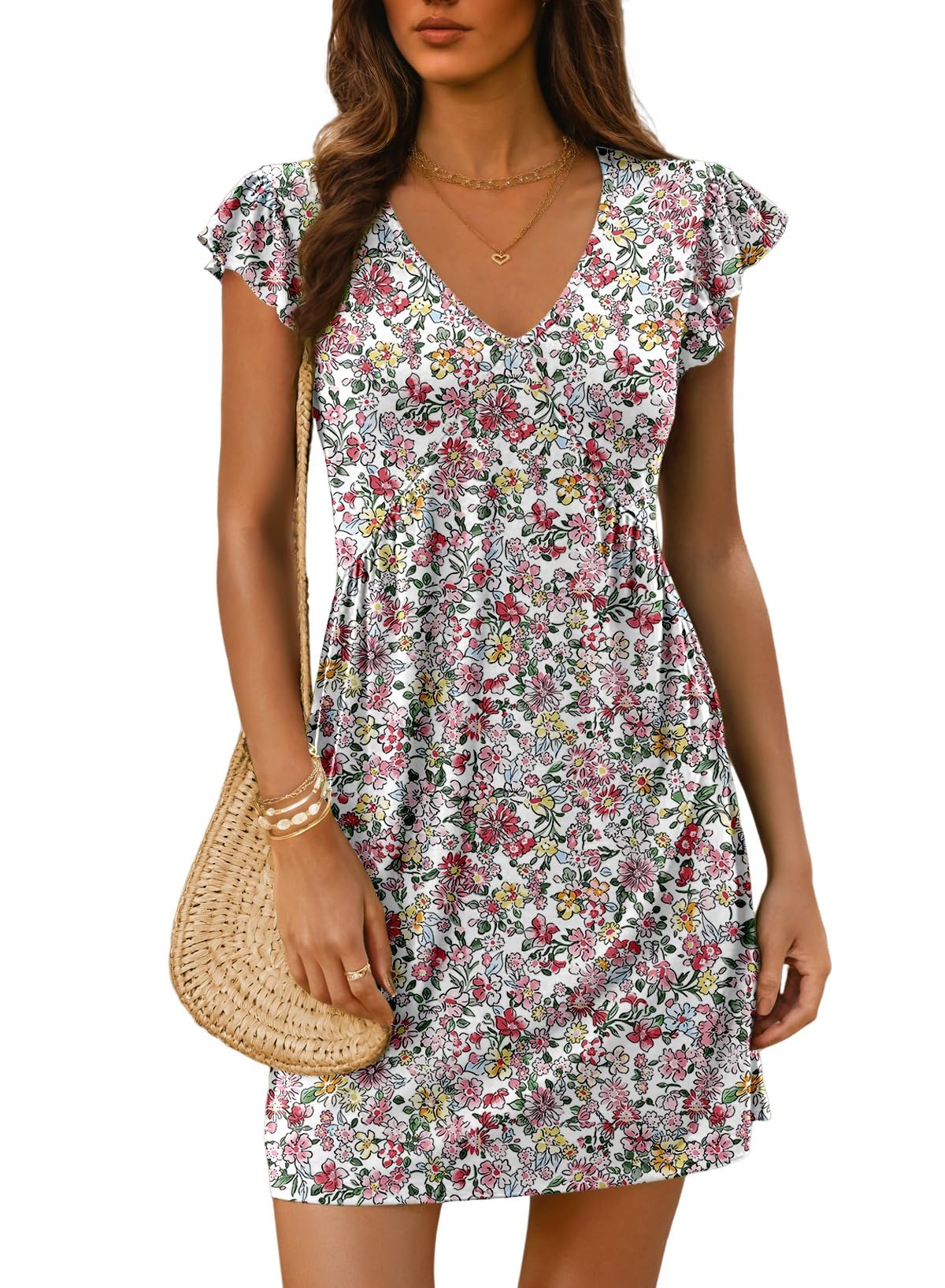 Dokotoo Women's Summer Dresses Beach 2026 Casual Deep V Neck Loose Sundress Ruffle Sleeve Mini Dress