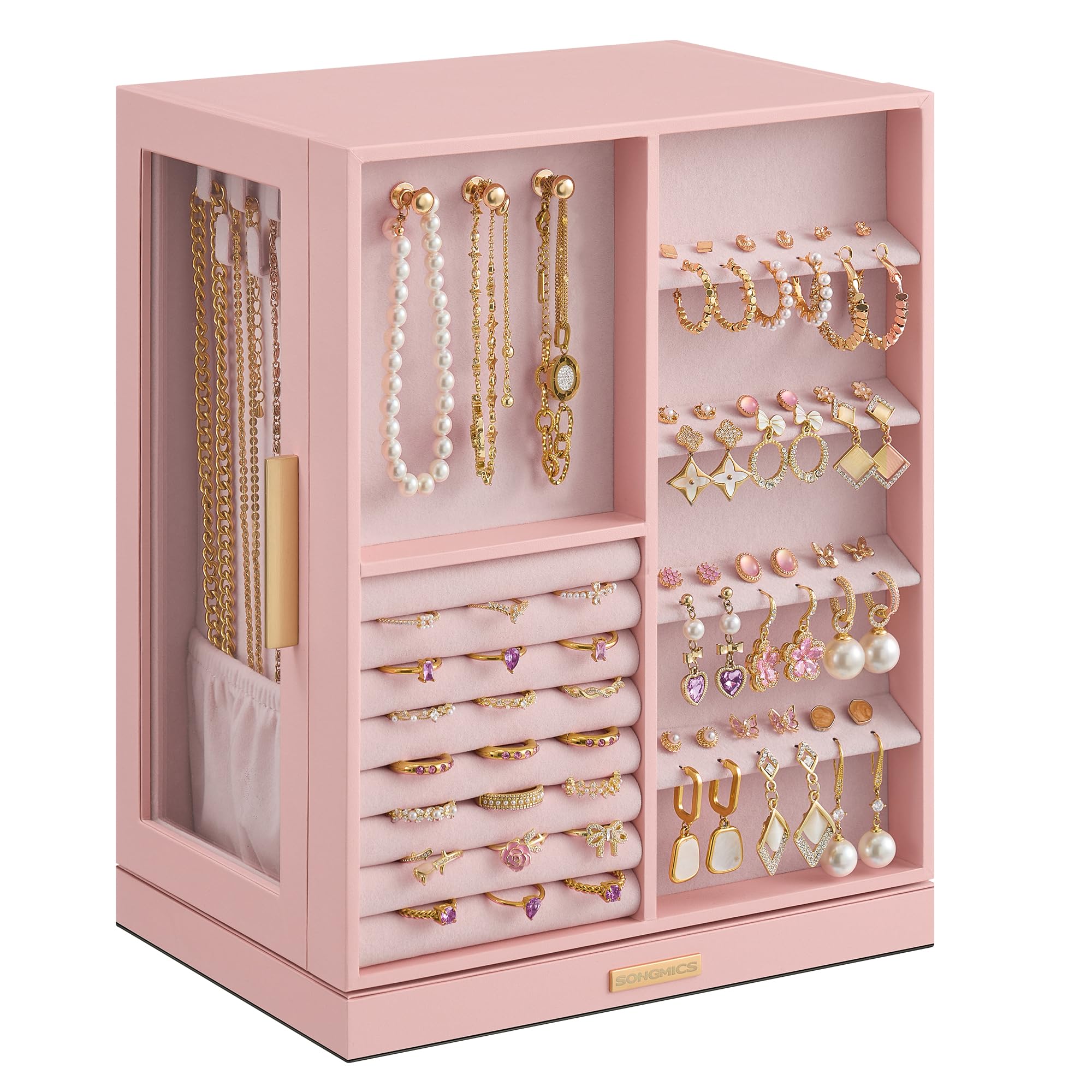 SONGMICS GISELLA Collection - Jewelry Box Organizer 360° Rotating, Vertical Jewelry Storage Case with 5 Drawers, Glass Window, Spacious, Open Design, Great Gift, Cloud White UJBC170W01