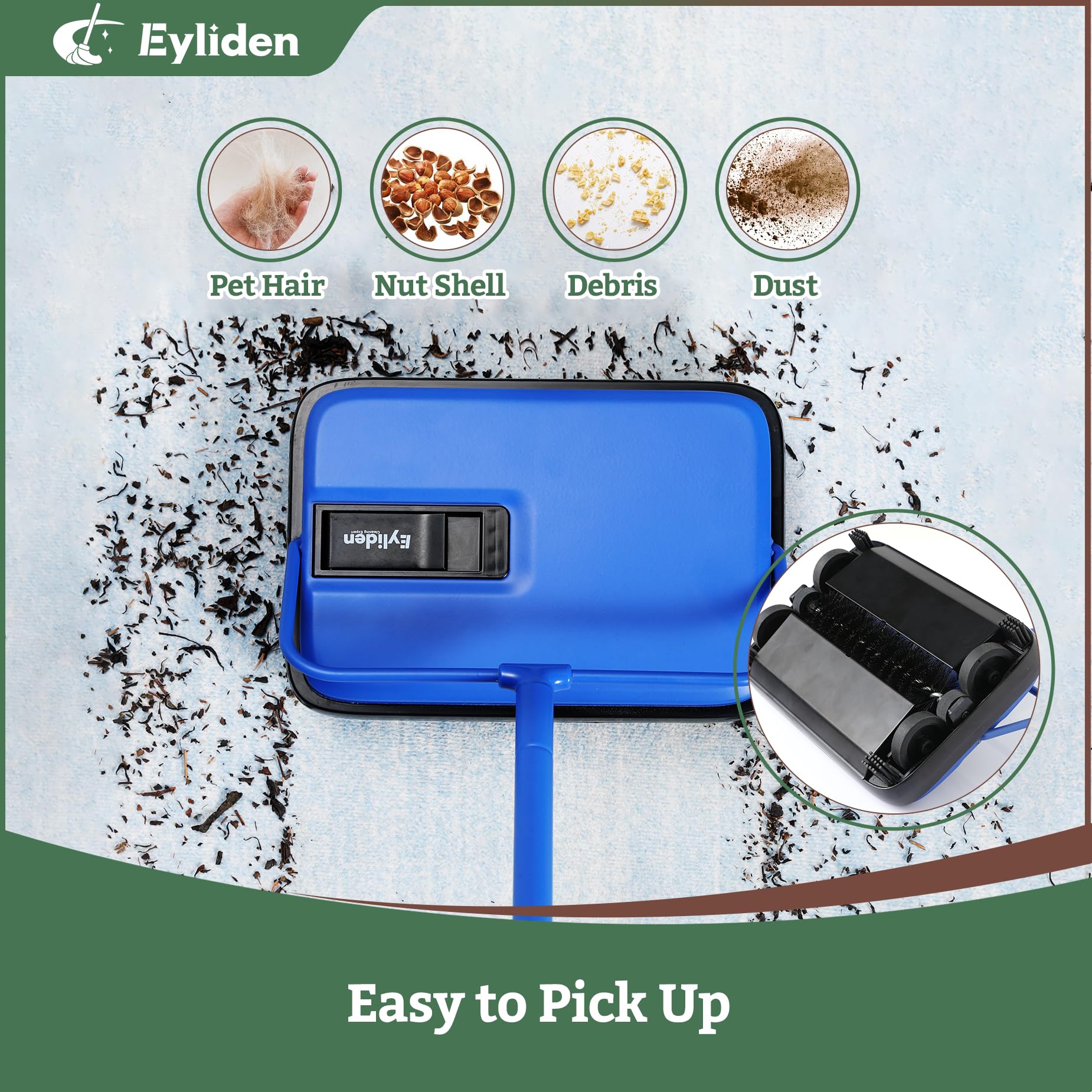 Eyliden Carpet Sweeper, Mini Size Lightweight Hand Push - No Noise, Non-Electric, Easy Manual Sweeping Only for Carpet Cleaning (Black)