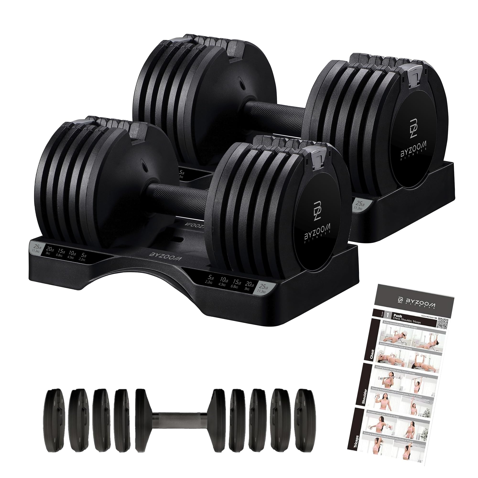 BYZOOM FITNESS Pure Series Adjustable Dumbbell - 12.5/25/27.5/50/55/75lb - ONE UNIT OR PAIR(check QTY before purchase) - 5-in-1/ 10-in-1 / 15-in-1 / 21-in-1 Flexible Hand Weights for Home Apartment Garage Gym, Strength Training & Fitness Workouts, White O