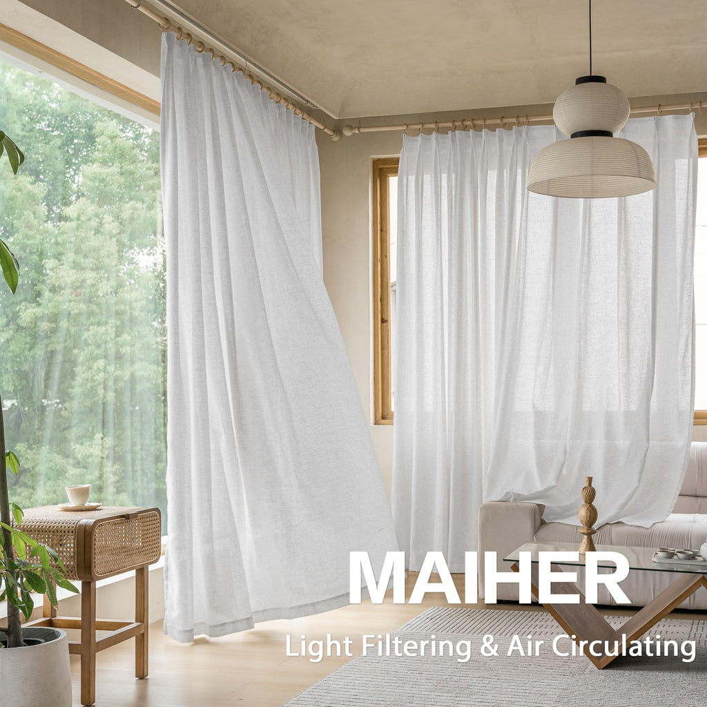 MAIHER Linen Textured Pleated Curtains 63 Inches Long for Living Room, Light Filtering Pinch Pleat Semi Sheer Drapes Curtains with Tieback and Hooks, Natural Linen (1 Panel, 54" W x 63" L)