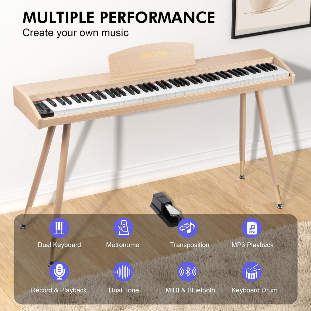 UISCOM Digital Piano Keyboard for Beginners, Full Size 88 Key Semi-Weighted Keyboard Electric Piano with Stand,Power Adapter,Sheet Music Stand,Pedal,Headphone,USB-MIDI Compatible,Wood Grain Apricot