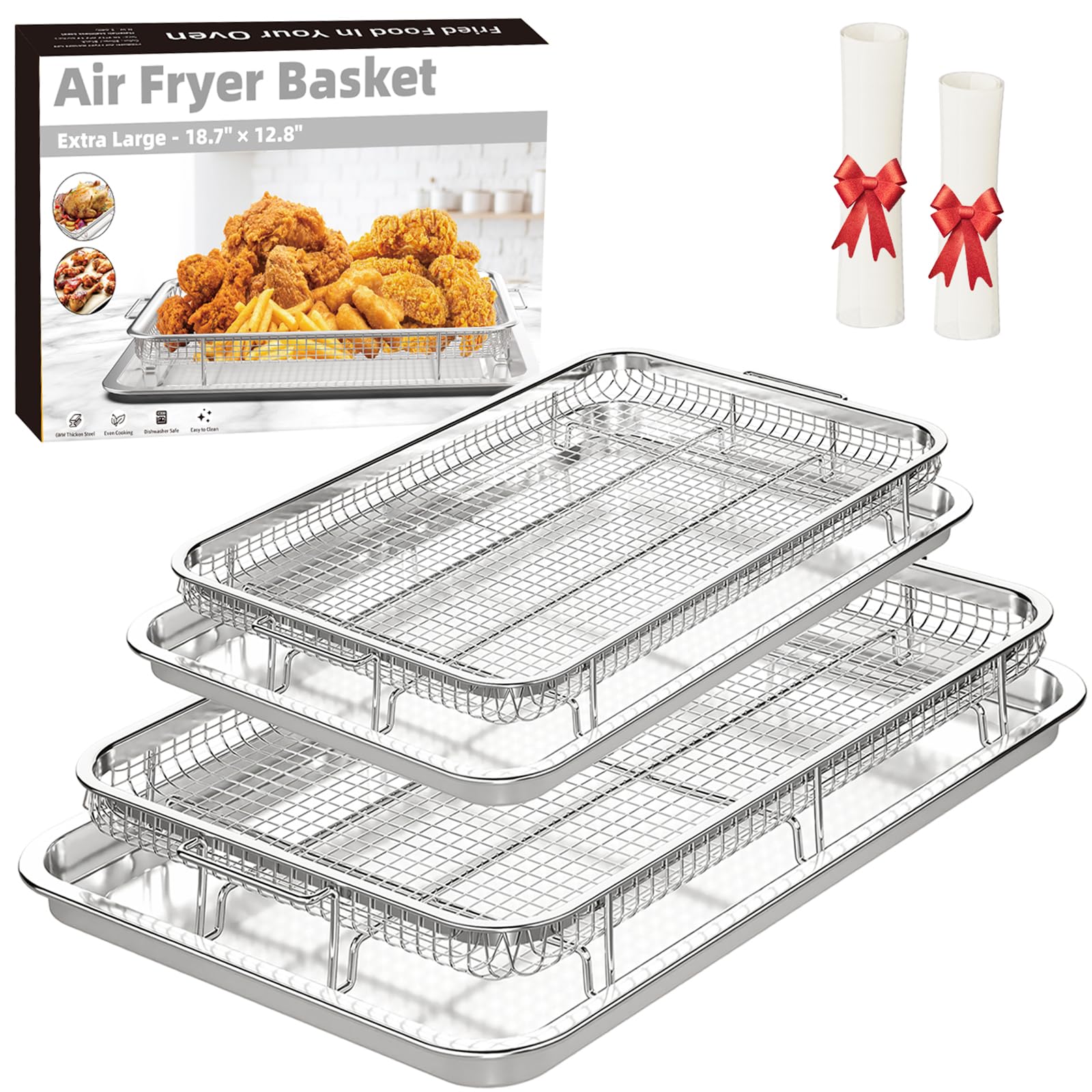 Air Fryer Basket for Oven, Large14.88"×10.98"Air Fryer Pans for Convection Oven with 30 Sheet Parchment Papers, THORSES Non-Stick Stainless Steel Air Fryer Basket and Tray for Multi Cooking - Black