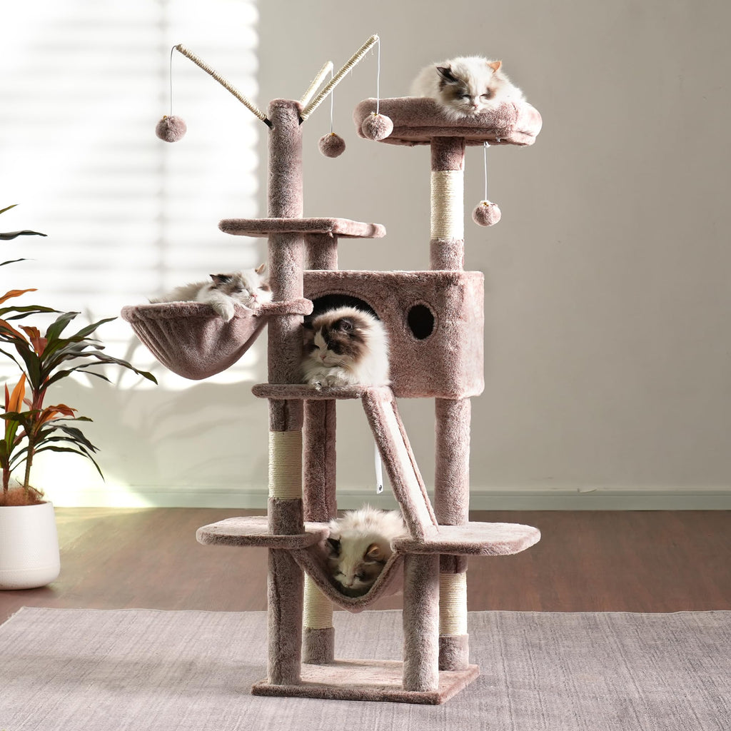 Hey-brother Cat Tree, 53 inch Cat Tower for Indoor Cats, Cat House with Padded Platform Bed, Toy Balls, Large Cozy Condo, Hammocks and Sisal Scratching Posts, Beige MPJ019-SM