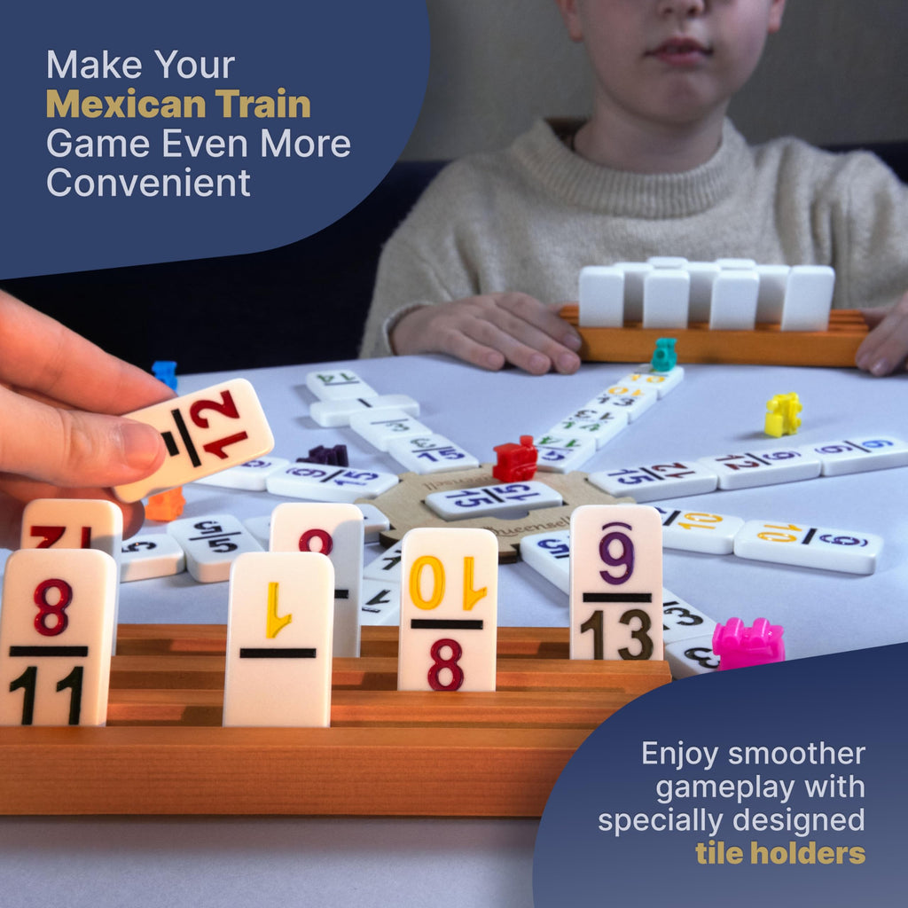 Queensell Mexican Train Dominoes Set Double 15 for Adults and Family, Mexican Train Double 15 Dominoes Set Colored Dot - 136 Tiles, 9 Trains, Wooden Hub, Aluminum Case (Double 15)