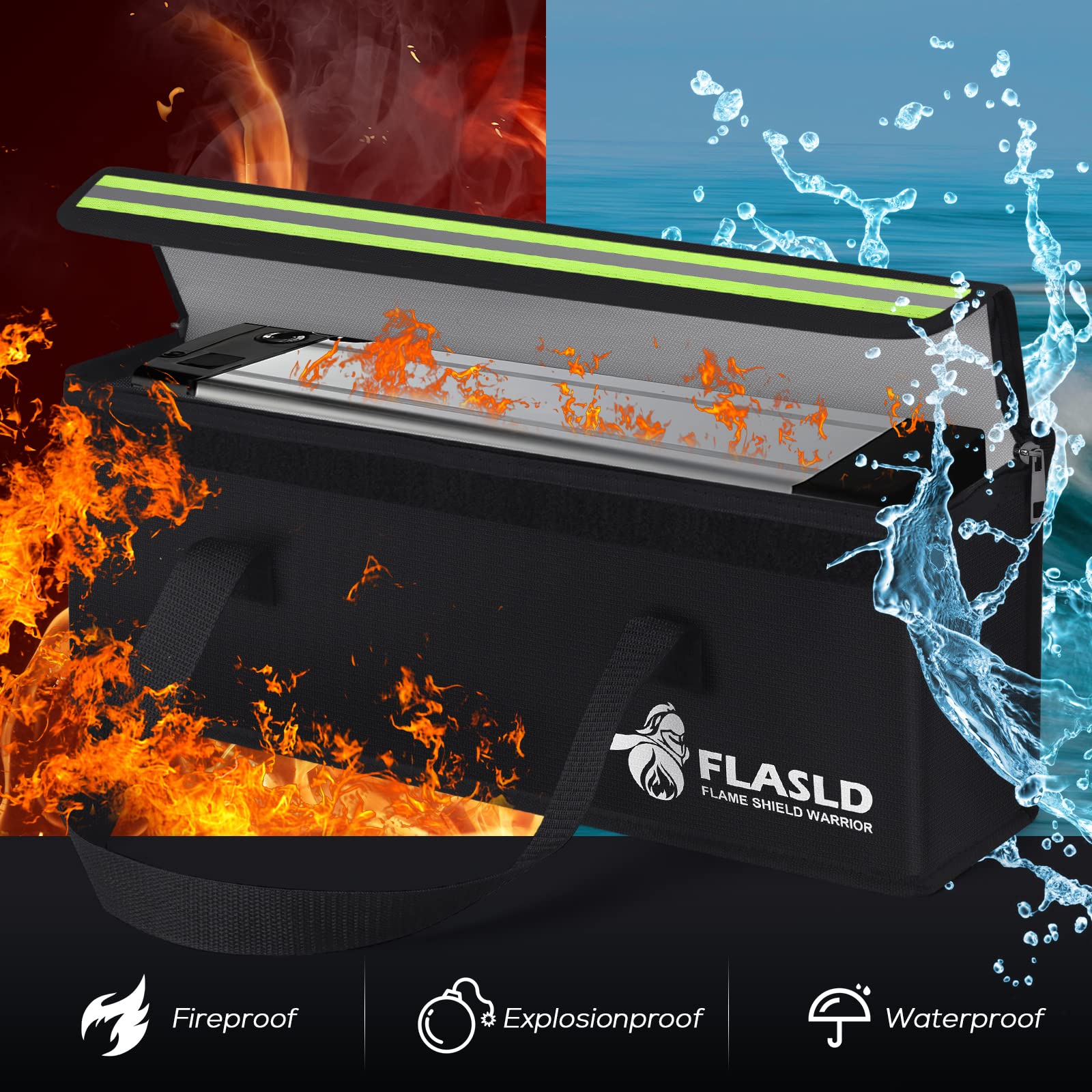 FLASLD Large Fireproof Lipo Bag for 100Ah Lithium Battery Storage and Charging, 14 x 7.8 x 9.5in Waterproof Box for Documents and Valuables