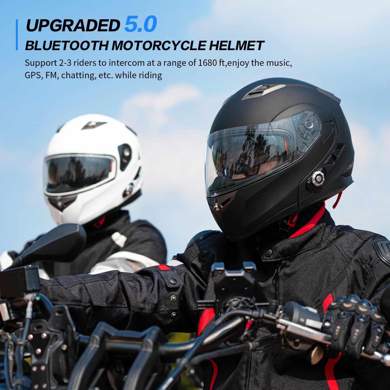 FreedConn BM2-S Bluetooth Motorcycle Helmet, Flip-Up Modular Motorbike Helmet, 500M Connectivity for 2-3 Riders, Voice Dial, Hands-Free Call, MP3, FM, DOT Certified (Medium, Gloss Black)