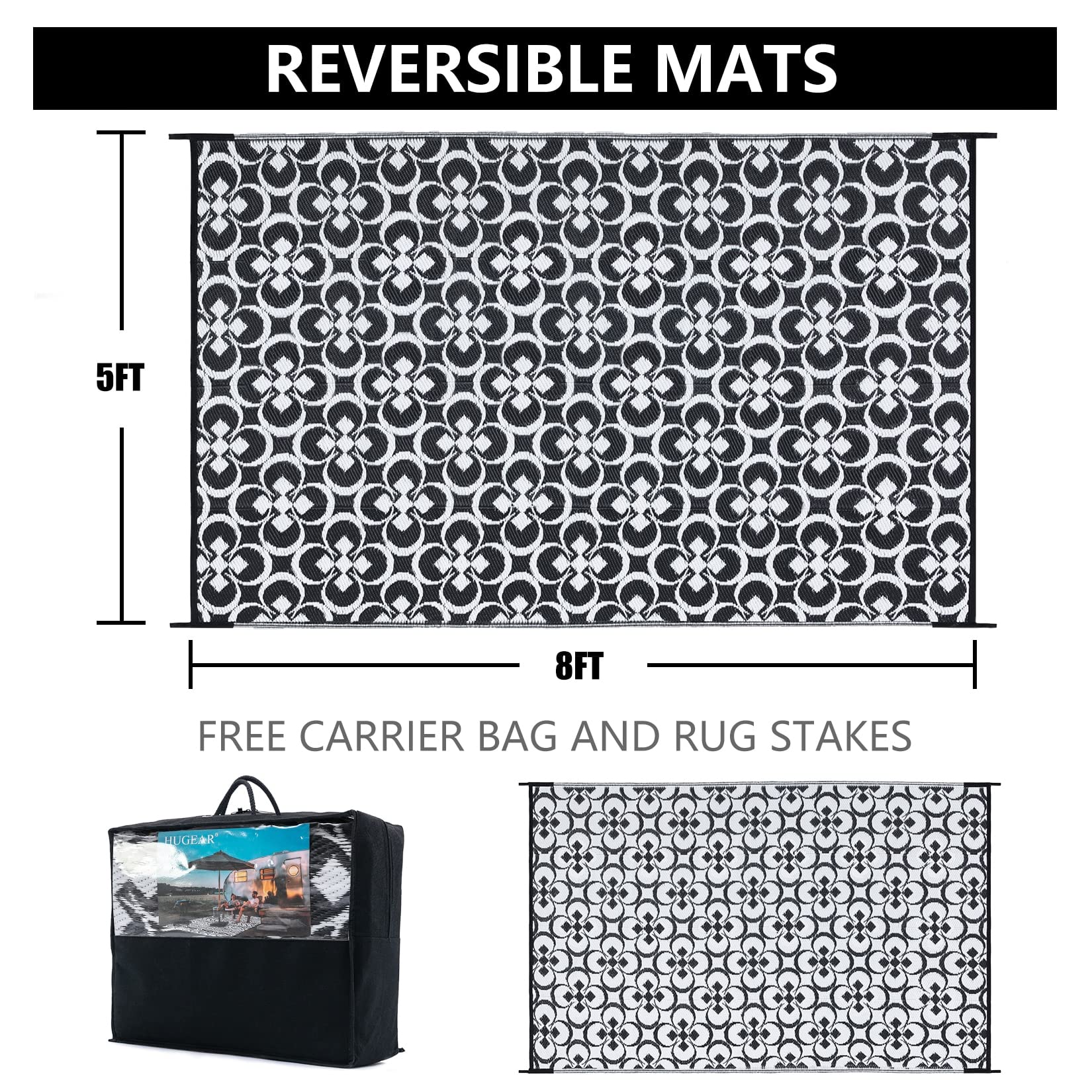 HUGEAR Outdoor Patio Rug 3'x5' Waterproof Outside Area Rugs Blue Reversible Plastic Straw Carpet for RV Deck Camping Entryance Porch Picnic Balcony Beach