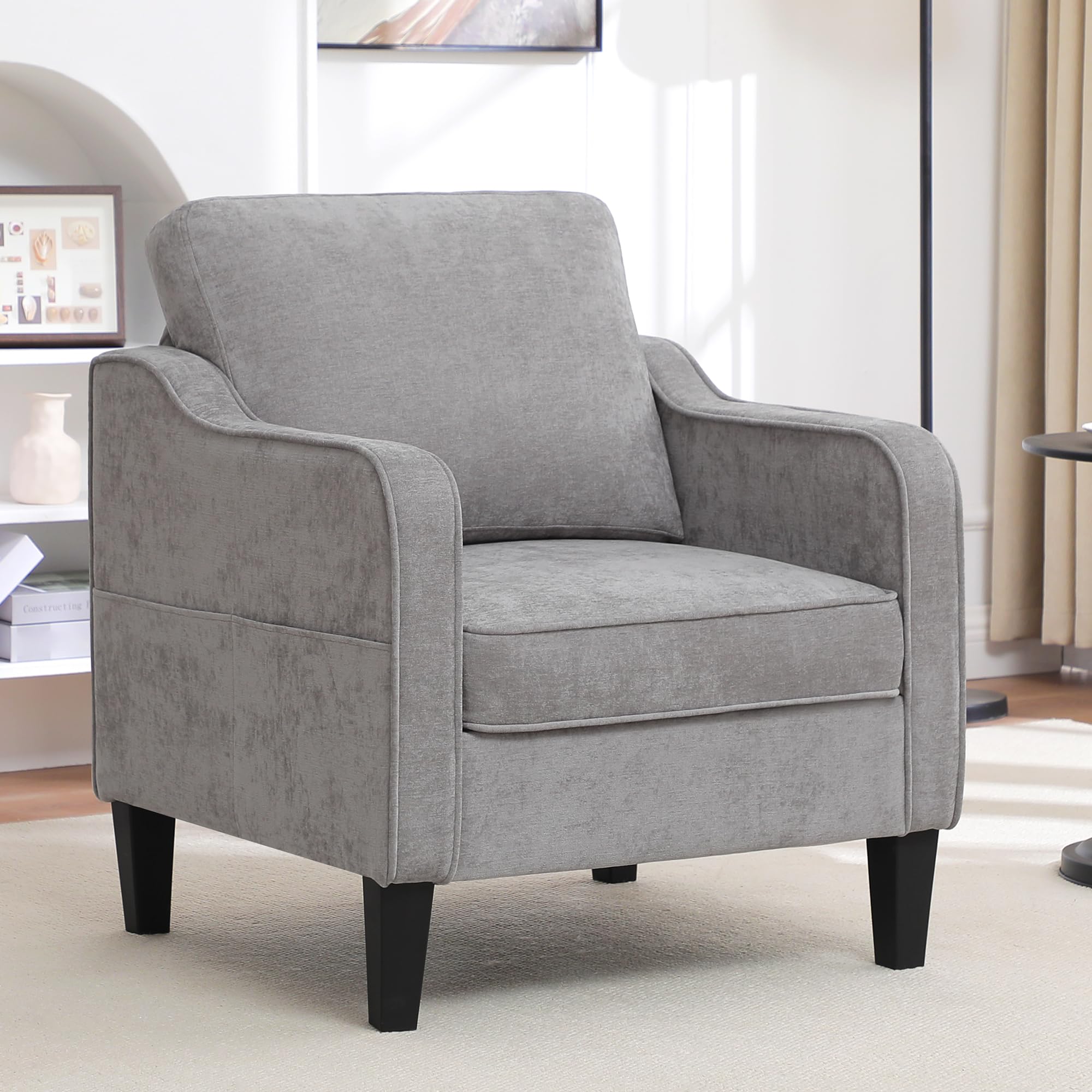 Accent Chair for Living Room, Mid Century Modern Reading Chair for Bedroom, Upholstered Armchair with Side Pockets, Comfy Single Sofa Side Chair for Office, Apartment, Small Room, Beige