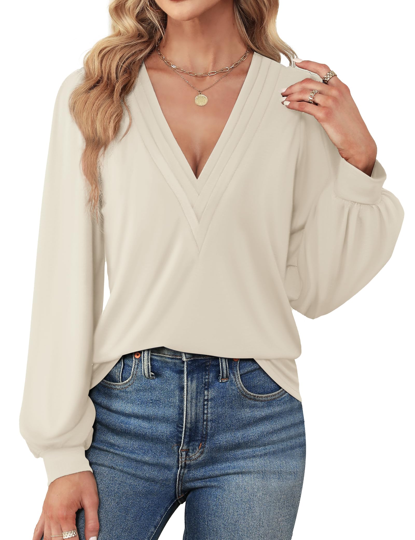 Agnes Urban Womens V Neck Long Sleeve Tops Dressy Casual Fall Shirts Puff Sleeve Loose Tunic Trendy Tops Blouses