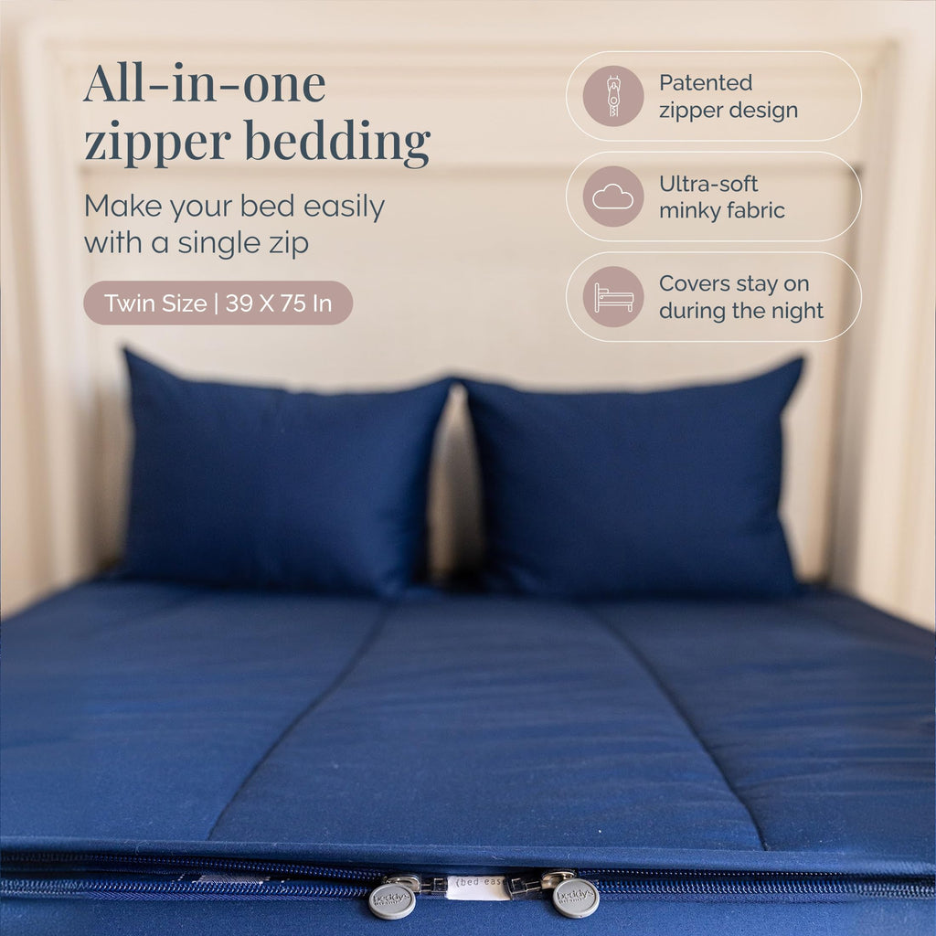 Beddy's Navy Blue All-in-One Zipper Bedding Set - Minky Lined - Twin | Smooth-Glide Zippers, Durable Construction, Easy To Make & Wash, 100% Cotton Exterior, Includes Pillowcase & Sham