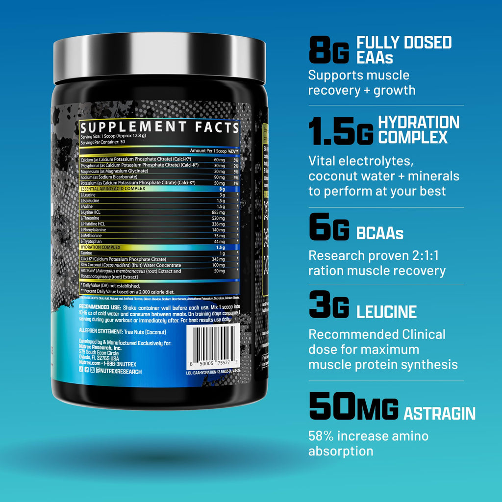 Nutrex Research EAA Hydration | EAAs + BCAAs Powder | Muscle Recovery, Strength, Muscle Building, Endurance | 8G Essential Amino Acids + Electrolytes | Apple Pear 30 Servings