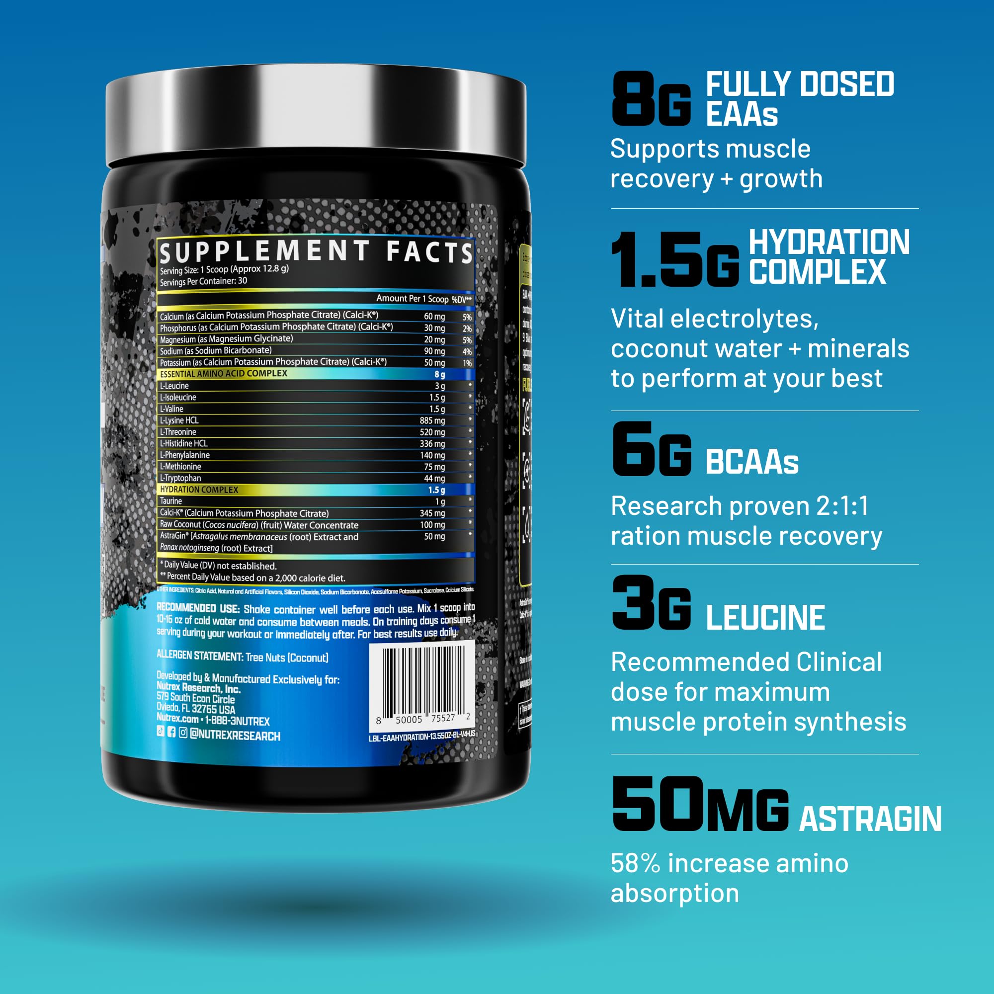 Nutrex Research EAA Hydration | EAAs + BCAAs Powder | Muscle Recovery, Strength, Muscle Building, Endurance | 8G Essential Amino Acids + Electrolytes | Apple Pear 30 Servings