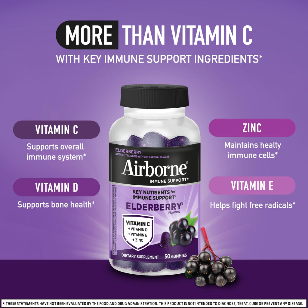 Airborne Elderberry + Zinc & Vitamin C Gummies For Adults, Immune Support Vitamin D & Zinc Gummies With Powerful Antioxidant Vitamins C D & E - 50 Gummies, Elderberry Flavor
