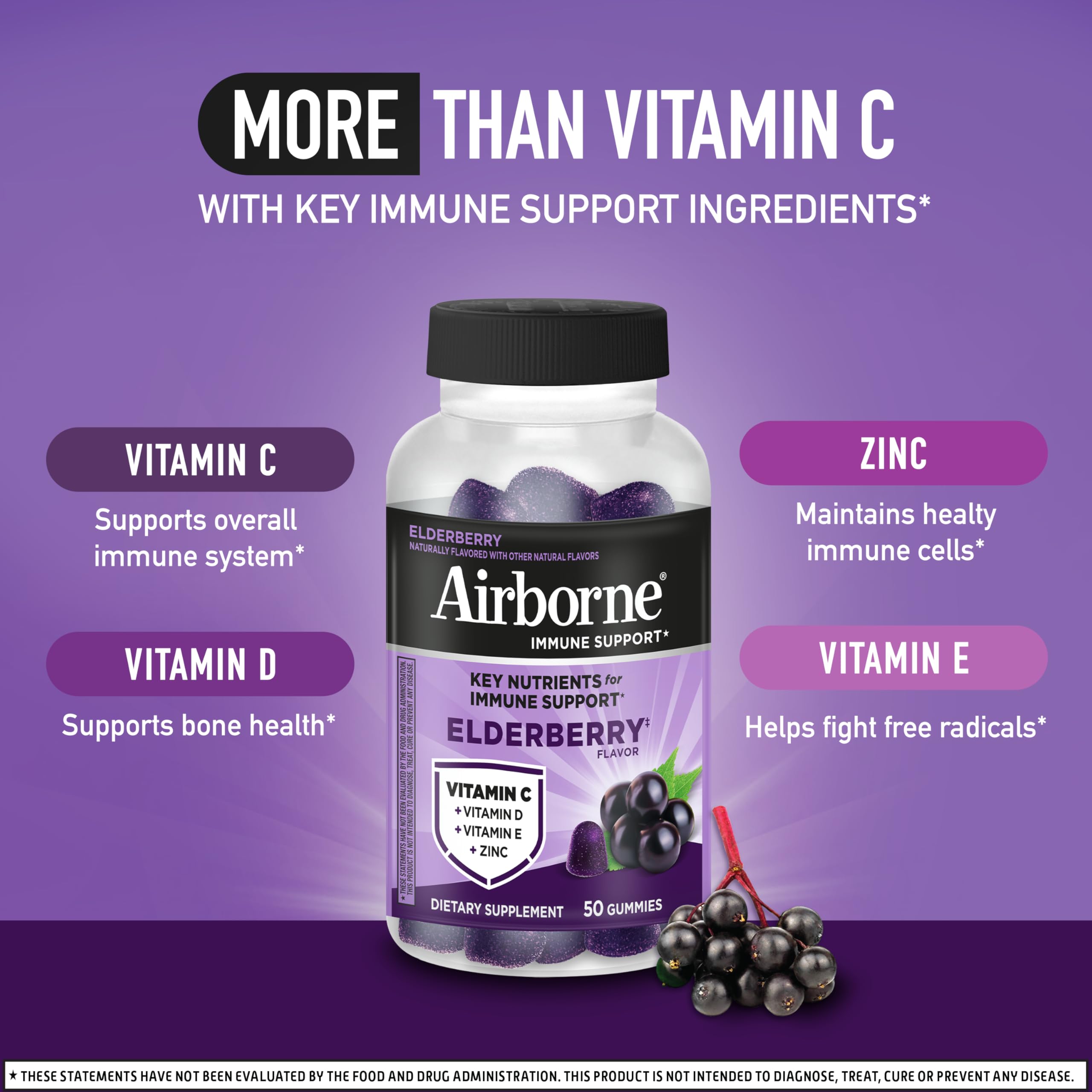 Airborne Elderberry + Zinc & Vitamin C Gummies For Adults, Immune Support Vitamin D & Zinc Gummies With Powerful Antioxidant Vitamins C D & E - 50 Gummies, Elderberry Flavor