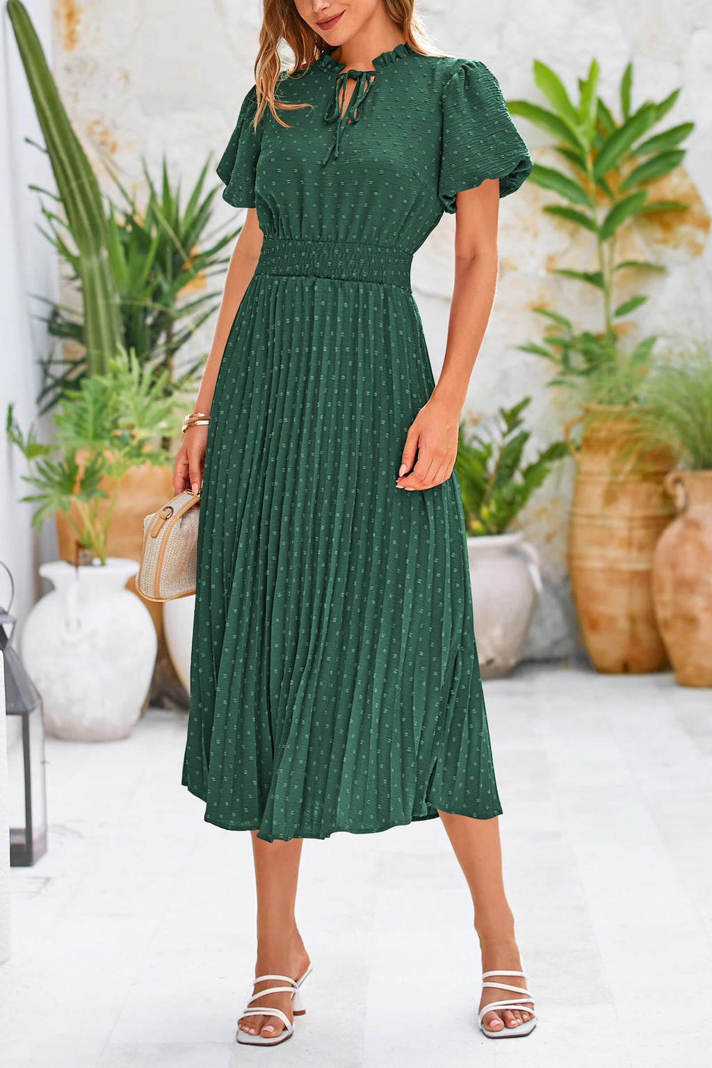 PRETTYGARDEN Womens Summer Midi Dresses Puff Short Sleeve V Neck Swiss Dot Pleated A Line Flowy Long Wedding Guest Dress