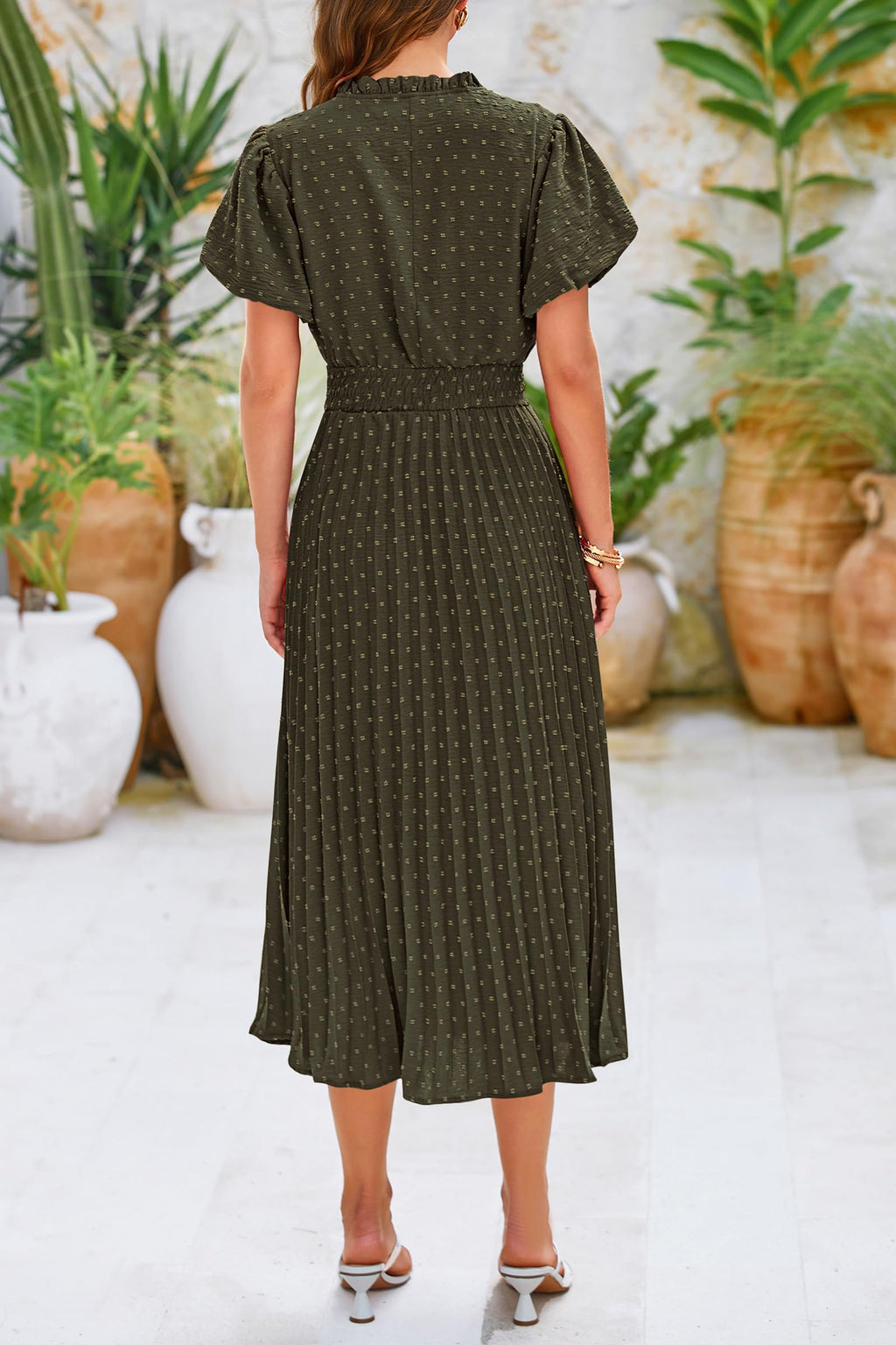 PRETTYGARDEN Womens Summer Midi Dresses Puff Short Sleeve V Neck Swiss Dot Pleated A Line Flowy Long Wedding Guest Dress