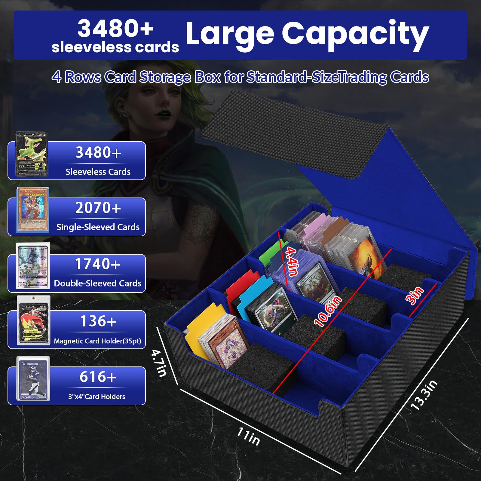 AOBOPLE Trading Card Storage Box,3200+ Card Box Storage with 24 Dividers and 4 Foam Supporters PU Leather Magnetic Cards Deck Case for MTG TCG Magic and Sport Cards,Great Gift for Card Collectors