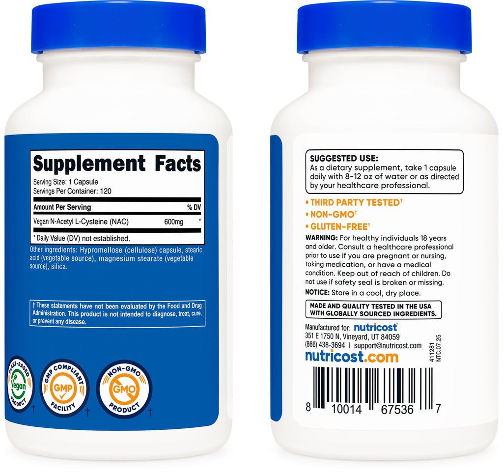 Nutricost N-Acetyl L-Cysteine (NAC) 600mg, 30 Vegan Capsules - GMO Free, Gluten Free, Vegetarian Caps