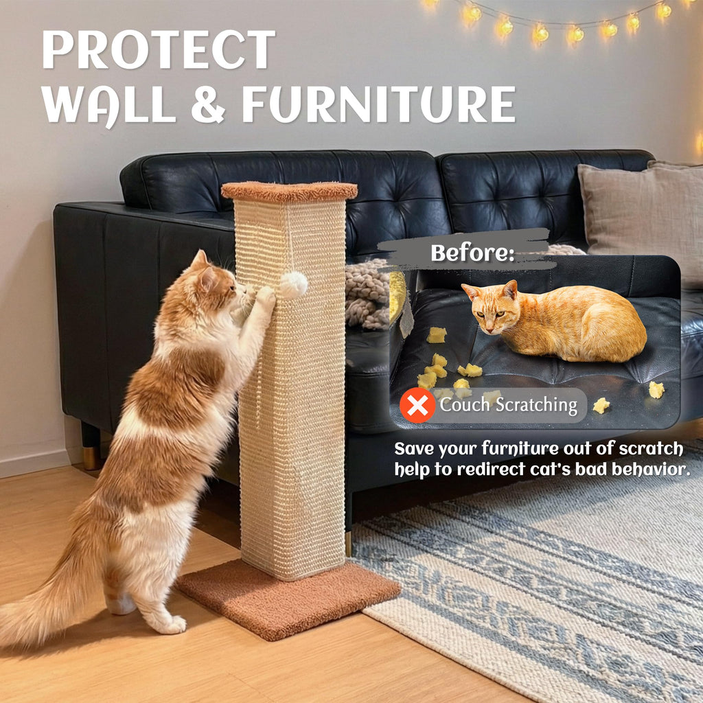 PETKARAY Couch Corner Cat Scratcher, 28.5" Sisal Scratching Post for Cats | Corner Wall Scratch Pad for Furniture Protection, Large Vertical Cat Scratching Post with Plush Base