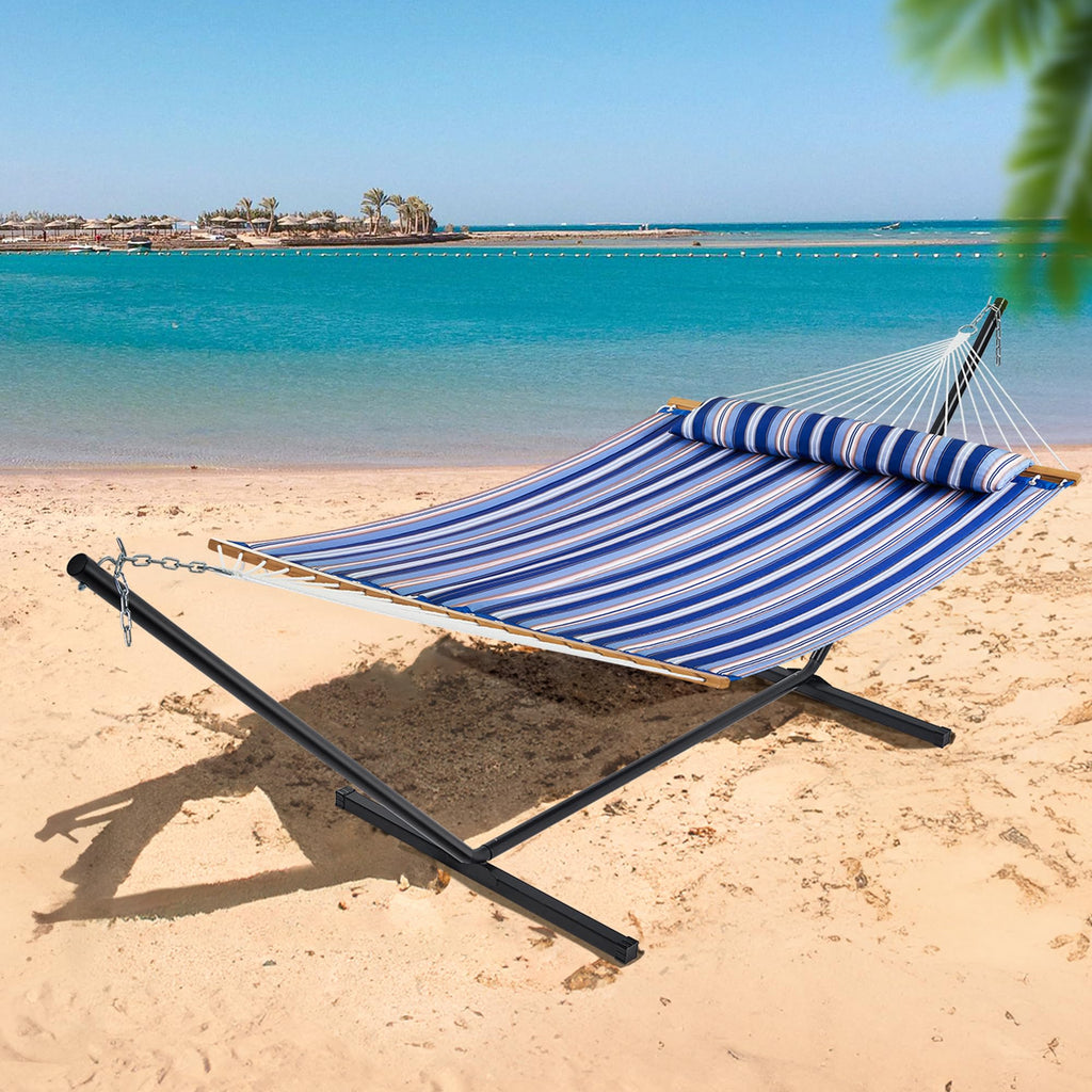 SUPERJARE Hammock with Stand, 2 Person Quilted Outdoor Hammock, Detachable Pillow & Bamboo Spreaders, Portable Hammock with Carrying Bag, Heavy Duty Stand, Perfect for Outside, Patio, Aqua Blue