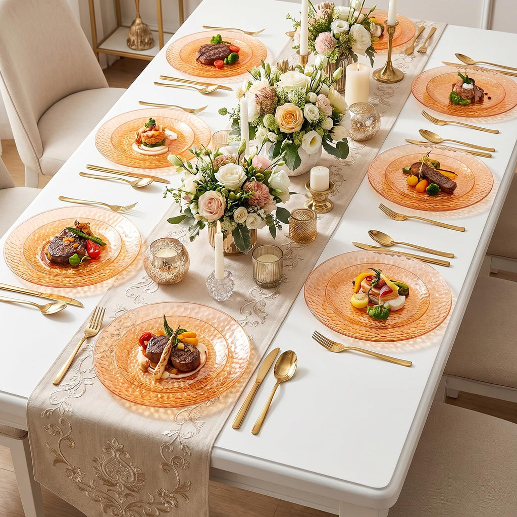 Rubtlamp 100Pcs Amber Gold Plastic Plates, Disposable Plates With Gold Rim, Heavy-duty Party Platos, Hammered Plastic Plates Include 50 Clear Dessert Plates, 50 Dinner Plates for Party