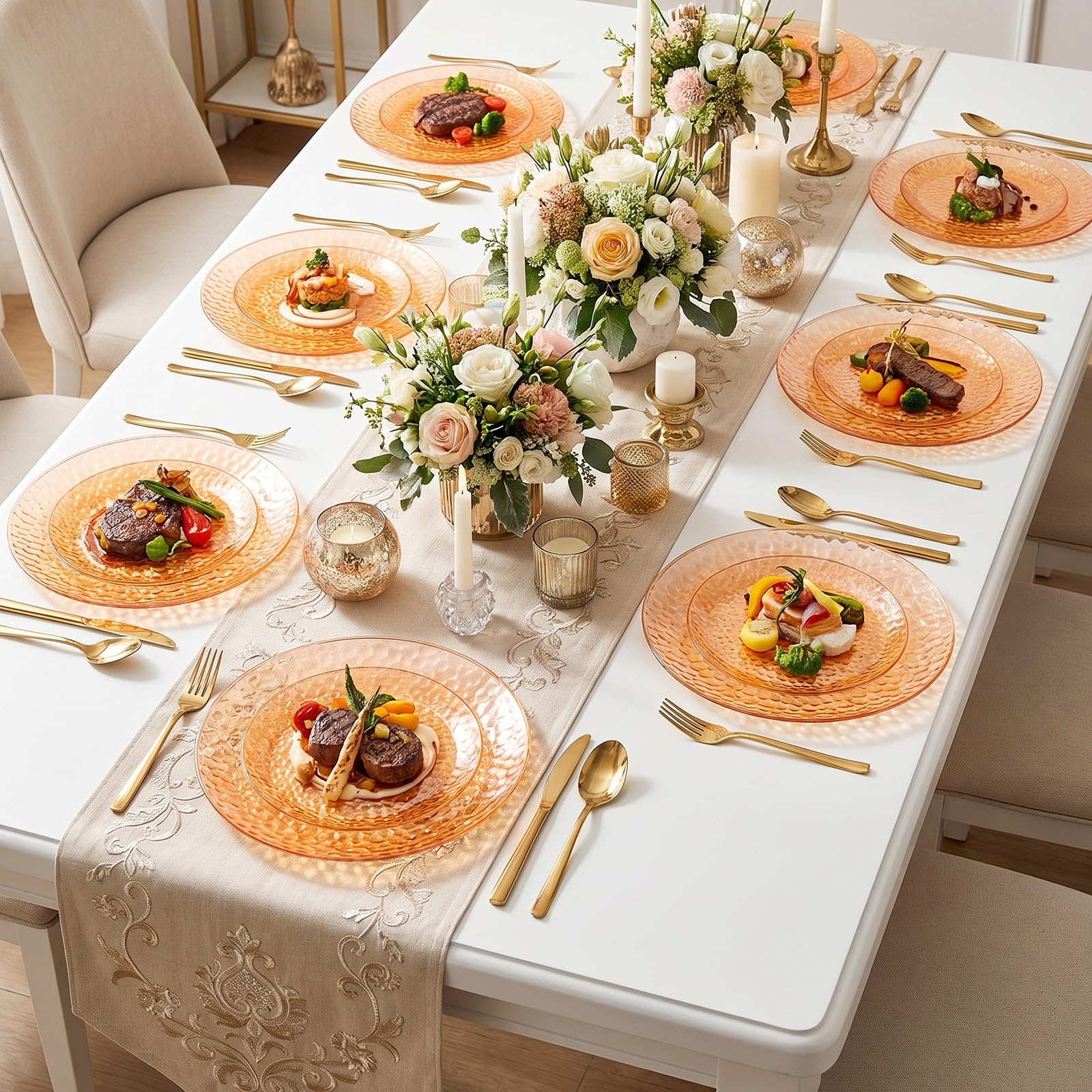 Rubtlamp 100Pcs Amber Gold Plastic Plates, Disposable Plates With Gold Rim, Heavy-duty Party Platos, Hammered Plastic Plates Include 50 Clear Dessert Plates, 50 Dinner Plates for Party