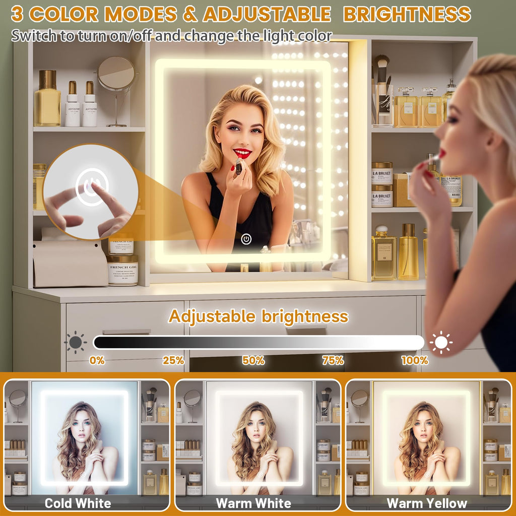 Vanity Desk with Lighted Mirror, Black Vanity with 4 Drawers,Makeup Vanity with Storage Shelves and Power Outlet,10 Lights with 3 Color Modes Brightness Adjustable for Girls’ Bedroom (Black)
