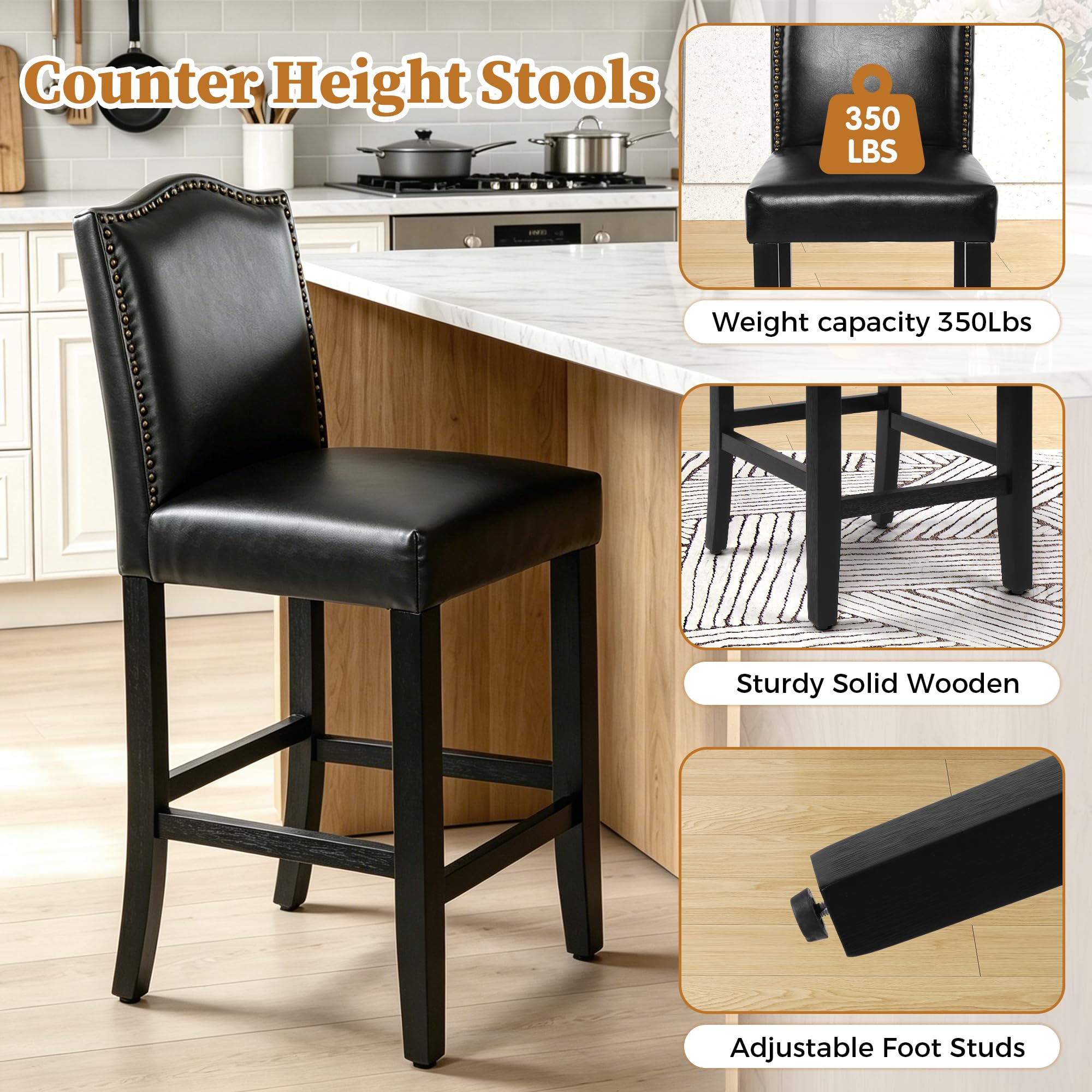 LSSPAID Counter Height Bar Stools Set of 2, 24.8 Inch Modern Upholstered Fabric Barstools, Kitchen Island Chairs with Bronze Nail Backrest and Solid Wood Legs for Kitchen Pub Home Cafe, Beige