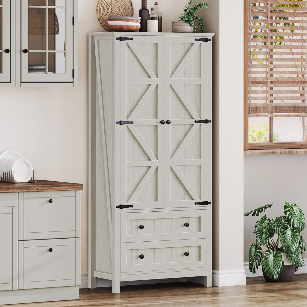 DWVO Farmhouse Kitchen Pantry Cabinet, 64.5" Tall Storage Cabinet with 2 Drawers and Adjustable Shelves, Versatile Storage for Living Room, Dining Room or Hallway, Oak Black