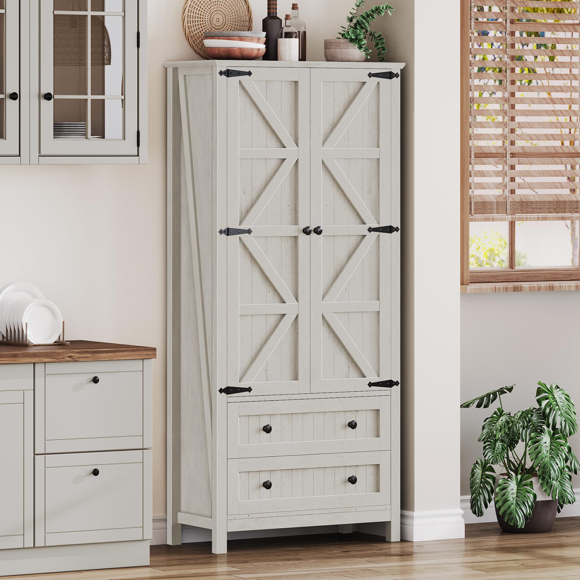 DWVO Farmhouse Kitchen Pantry Cabinet, 64.5" Tall Storage Cabinet with 2 Drawers and Adjustable Shelves, Versatile Storage for Living Room, Dining Room or Hallway, Oak Black