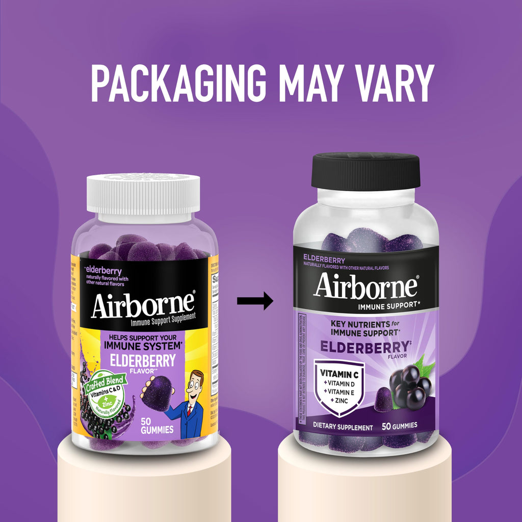 Airborne Elderberry + Zinc & Vitamin C Gummies For Adults, Immune Support Vitamin D & Zinc Gummies With Powerful Antioxidant Vitamins C D & E - 50 Gummies, Elderberry Flavor
