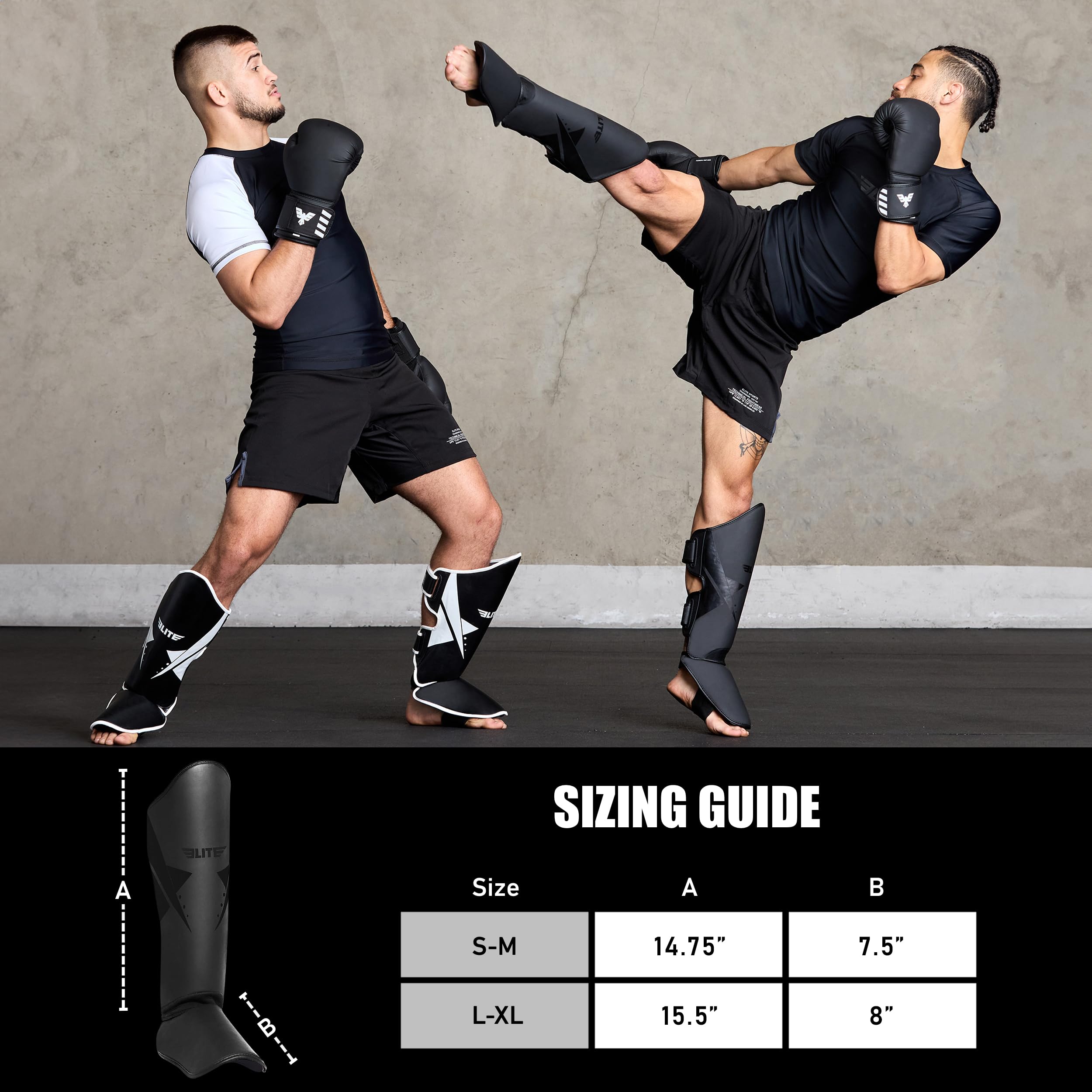 Elite Sports Muay Thai Shin Guards Kickboxing MMA Muay Thai Leg Instep Protective Pads, Martial Art Kicking Sparring Training Gear for BJJ Karate Boxing Taekwondo