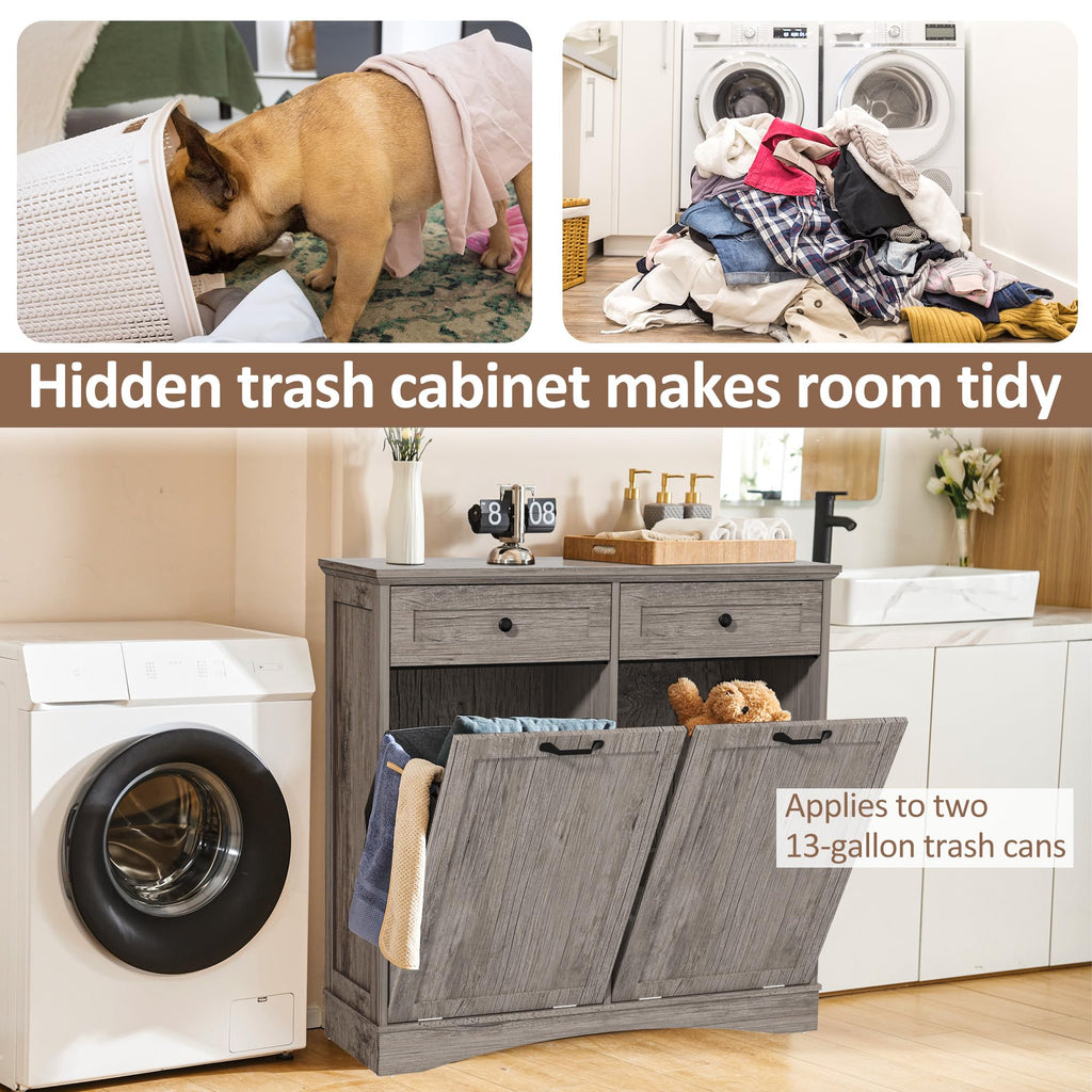 AHB Double Tilt Out Trash Can Cabinet Freestanding Kitchen Trash Can, 2x13 Gallons Hidden Garbage Recycling Cabinet with Hideaway Drawers Pet Proof Trash Can Holder for Kitchen, Antique White