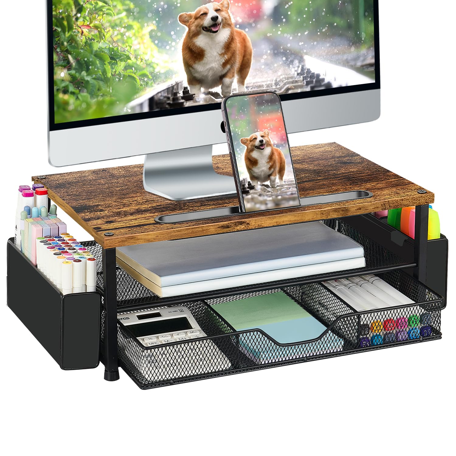 AUPSEN 2 Tier Computer Monitor Stands with Drawer and 2 Pencil Holder, Metal Monitor Stand Monitor riser, Computer Desk Organizer and Accessories for Laptop, Computer, Printer, Office Supplies(Black)