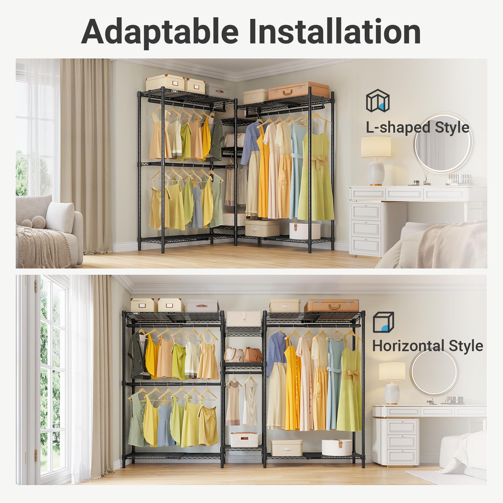 VIPEK Classic V6 Heavy Duty Clothes Rack, 7-Tier Garment Rack with Adjustable Shelves, Portable Closet Organizer with 4 Hanging Rods, Space-Saving, 850lbs Capacity, 68.9" L x 15.7" W x 76.4" H, Black