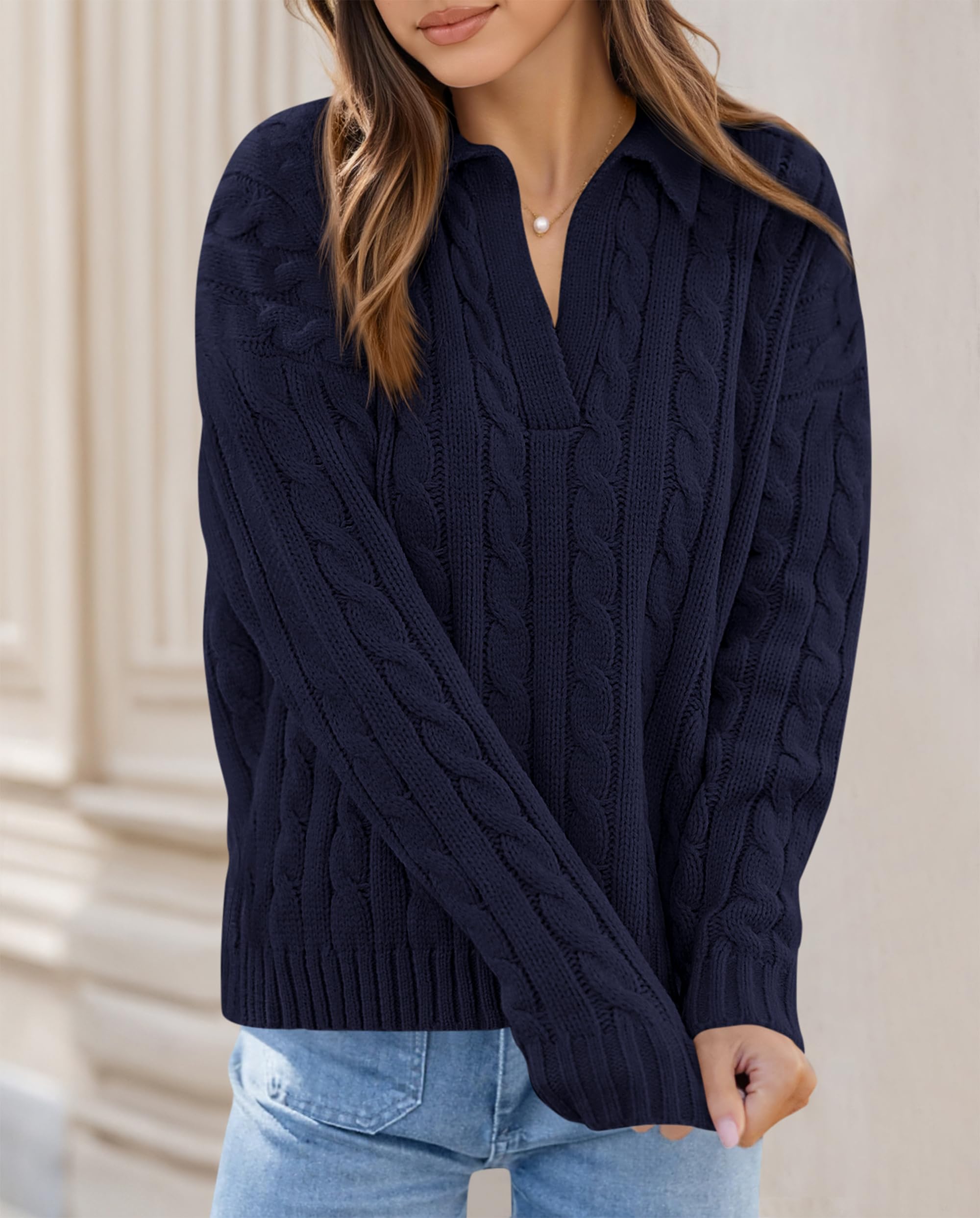 PRETTYGARDEN Spring Cable Knit Oversized Sweaters for Women 2026 Polo V Neck Long Sleeve Casual Chunky Sweater Pullover Tops